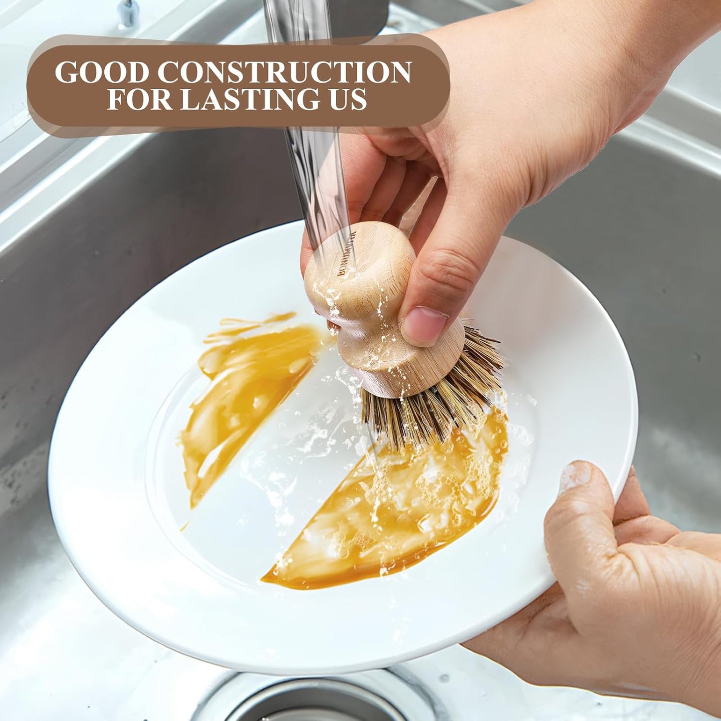 Bamboo Dish Brush Set,4 Pack Kitchen Palm Pot Brush with Union Fiber, Natural Bamboo Dish Scrub Brush for Cleaning Pots,Pans,Sinks,Woks,Vegetables