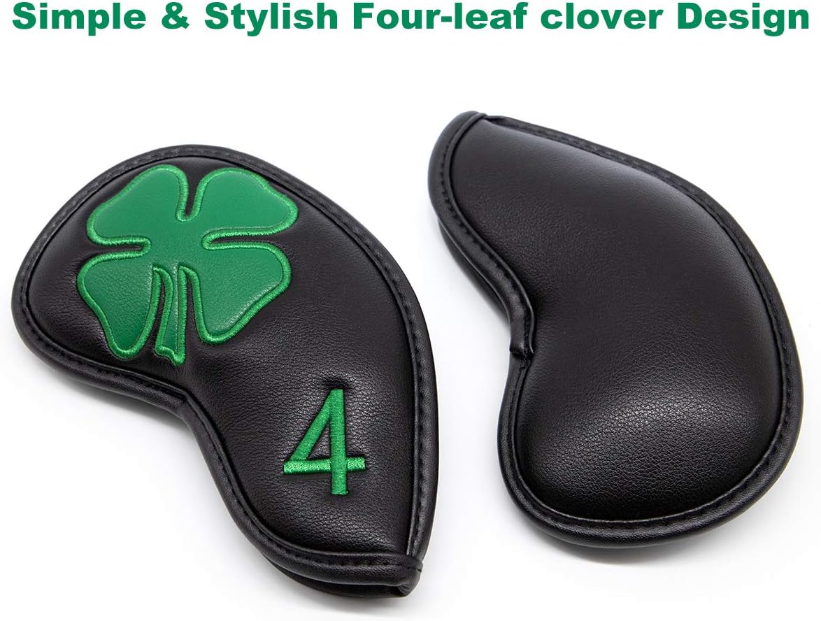 Golf Iron Covers Golf Iron Head Covers Leather Golf Iron Covers for Golf Clubs 10pcs Golf Iron Headcovers Lucky Clover Golf Club Head Covers for Iron with Magic Tape Fit All Brands