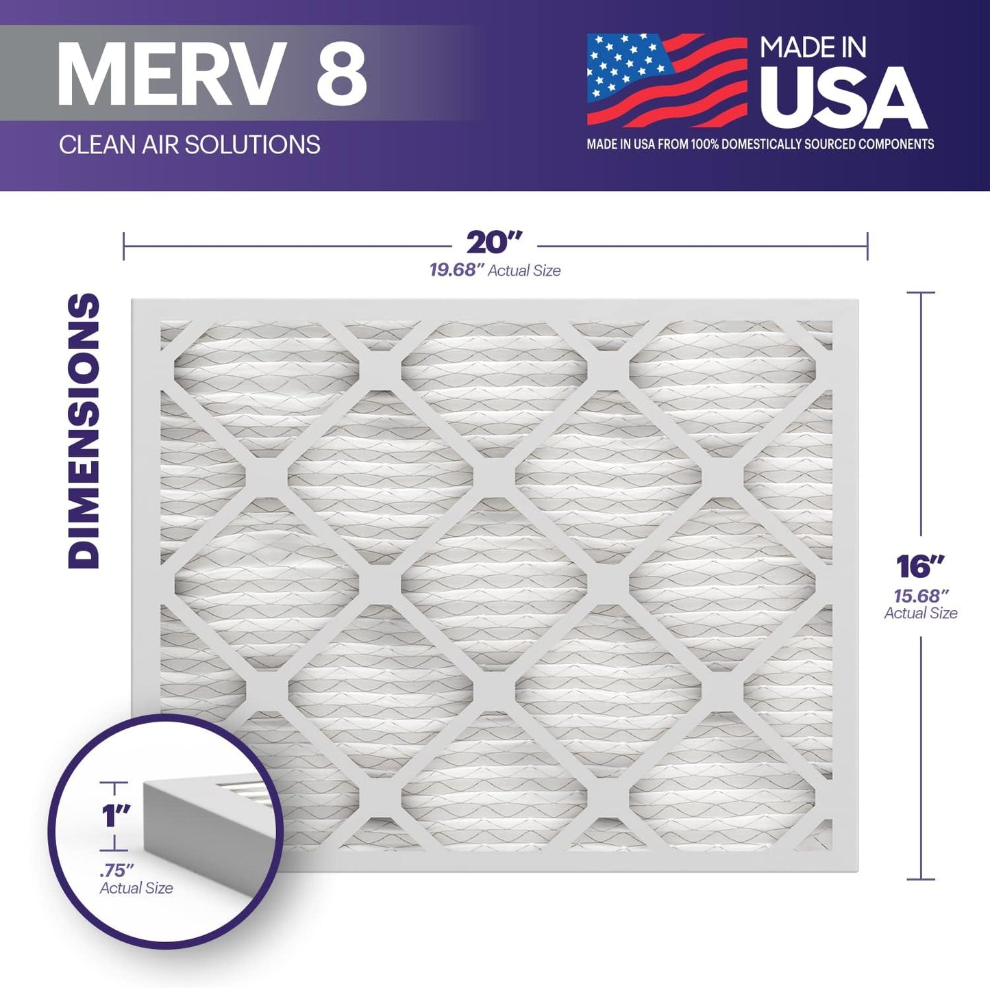 BNX TruFilter 16x20x1 Air Filter MERV 8 (6-Pack) - MADE IN USA – Dust & Pet Defense Electrostatic Pleated Air Conditioner HVAC AC Furnace Filters for Dust, Pet, Mold, Pollen MPR 600 – 700 & FPR 5