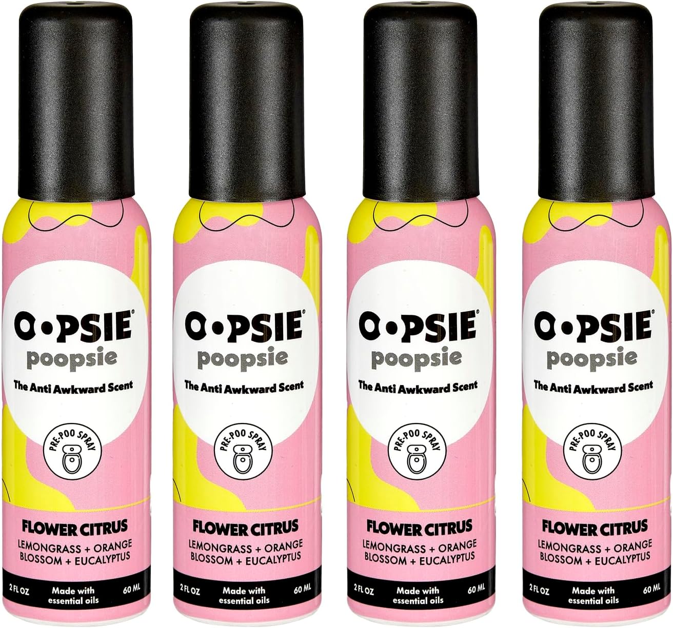 OOPSIE POOPSIE - Flower Citrus - Before & After You Go Toilet Spray 2oz - Portable Odor Eliminator - 4 Pack