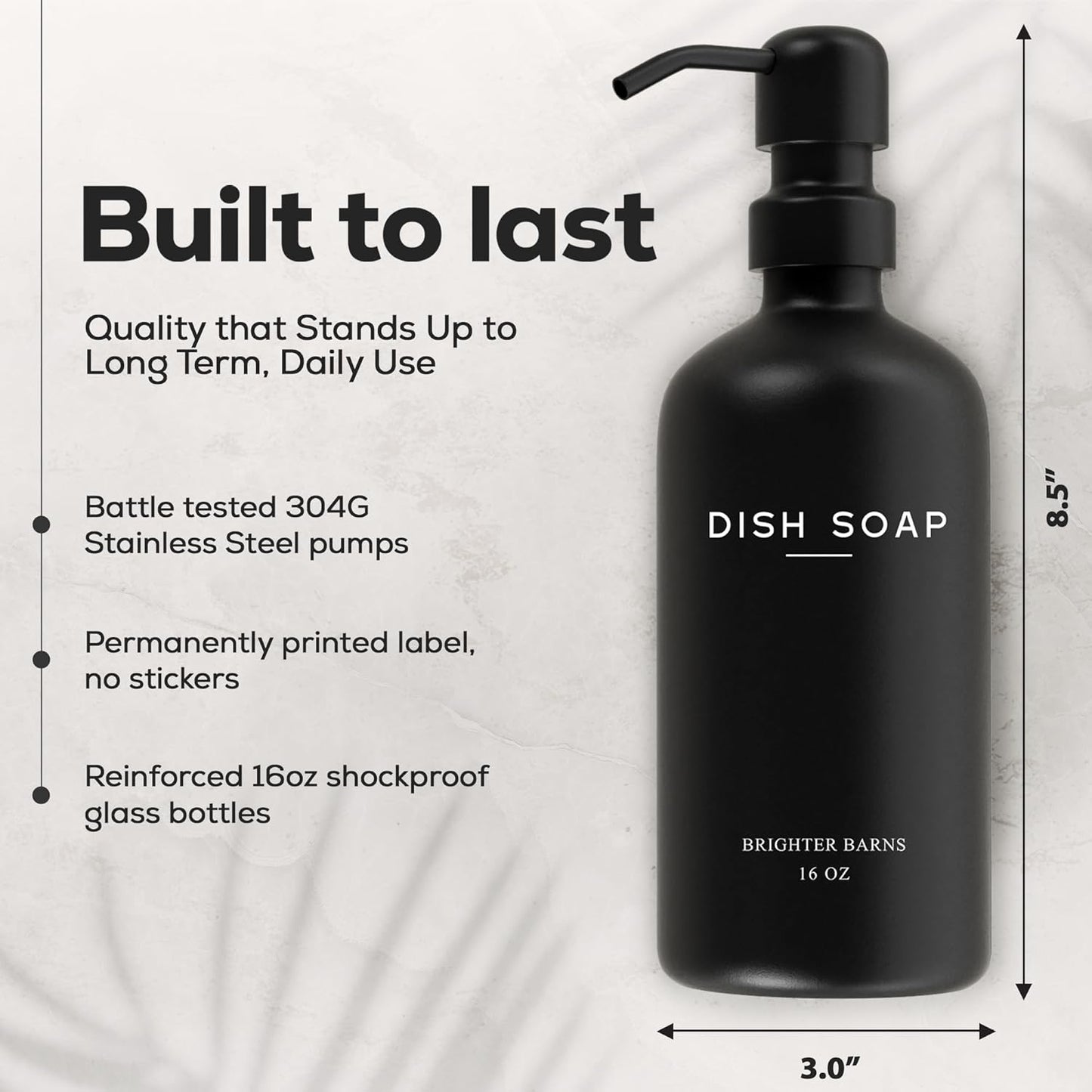 Luxury Glass Hand and Dish Soap Dispenser Set by Brighter Barns - Kitchen Soap Dispenser Set with Stainless Steel Pump for Kitchen Sink - Neutral Modern Farmhouse Home Decor for Airbnb (Black/White)