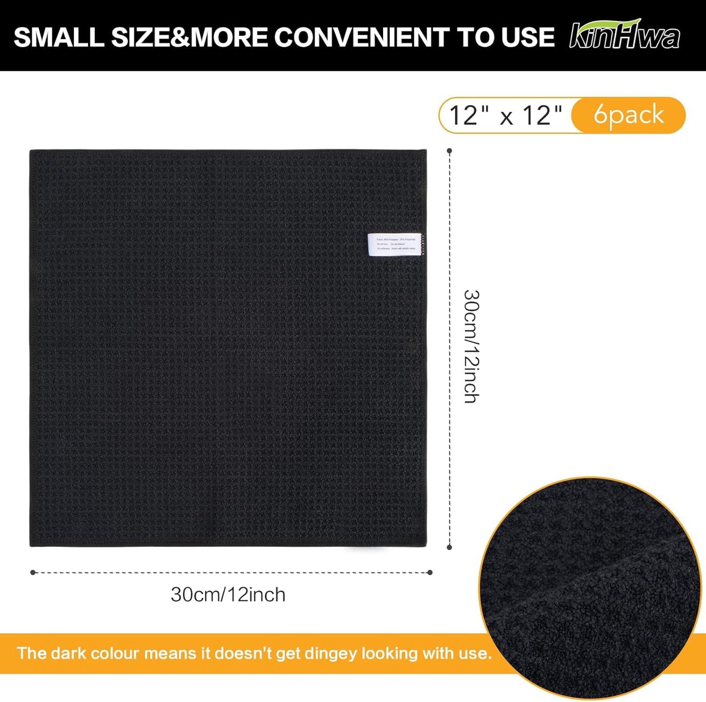 KinHwa Microfiber Dish Cloths Thick Waffle Weave Kitchen Dish Rags Ultra Absorbent Odor Free Dishcloths 12inch x 12inch… (Black 10 pc, 12in x 12in)