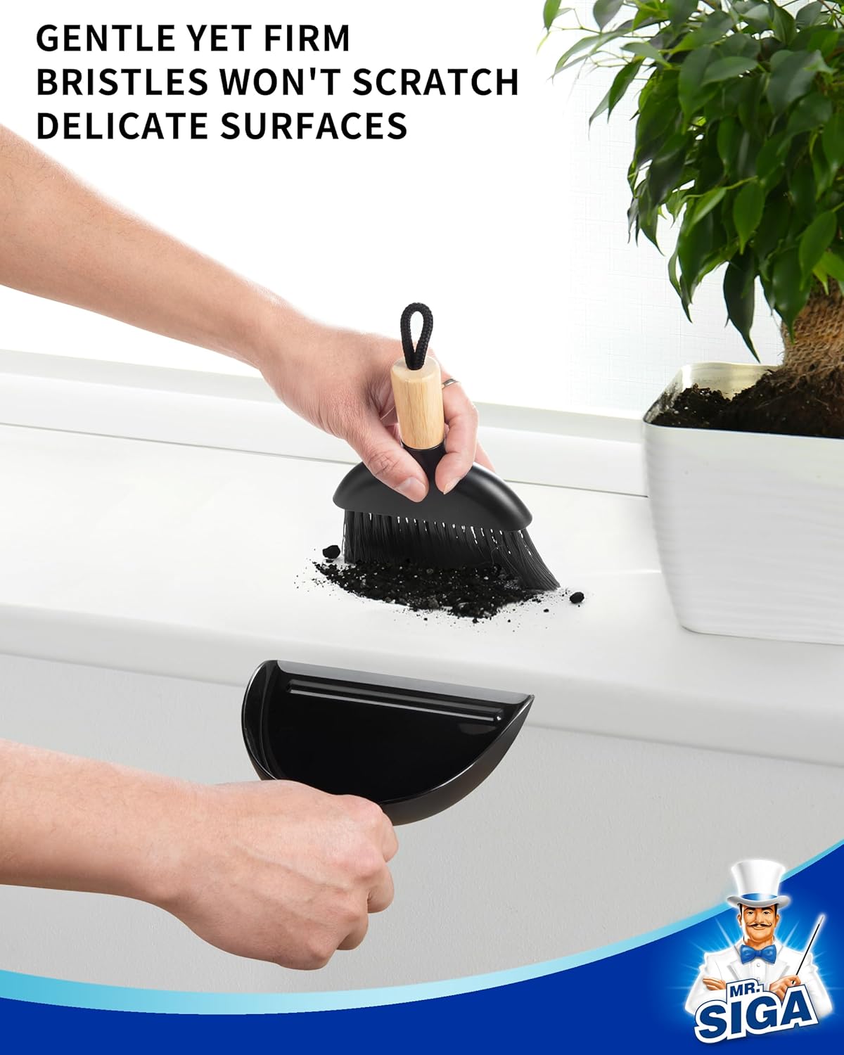 MR.SIGA Mini Dustpan and Brush Set, Portable Cleaning Brush and Dustpan Combo with Bamboo Handle, Black, 1 Set
