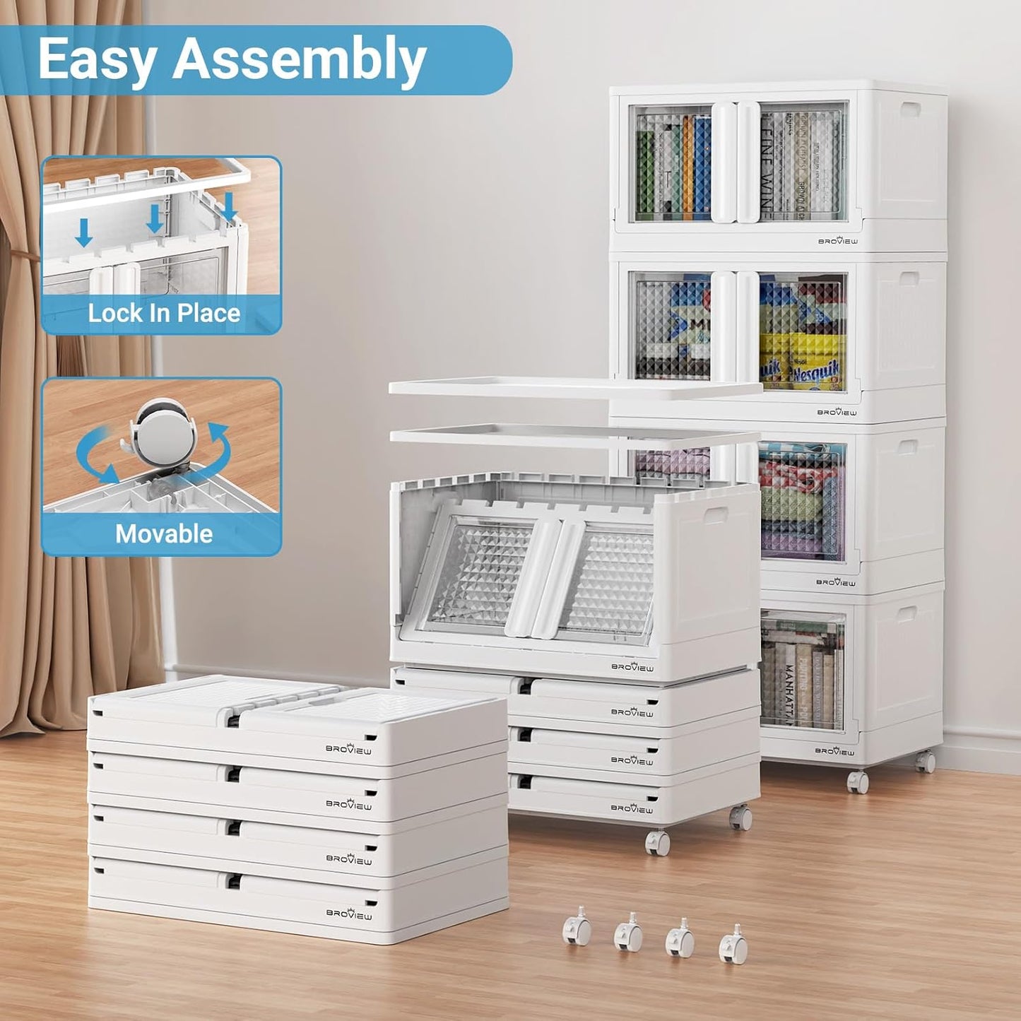 BROVIEW 120Gal Stackable Storage Bins with Lids & Wheels, 480Qt Plastic Collapsible Closet Organizer and Storage Drawers, Storage Boxes Cabinets for Home, Office, 6 Pack, White