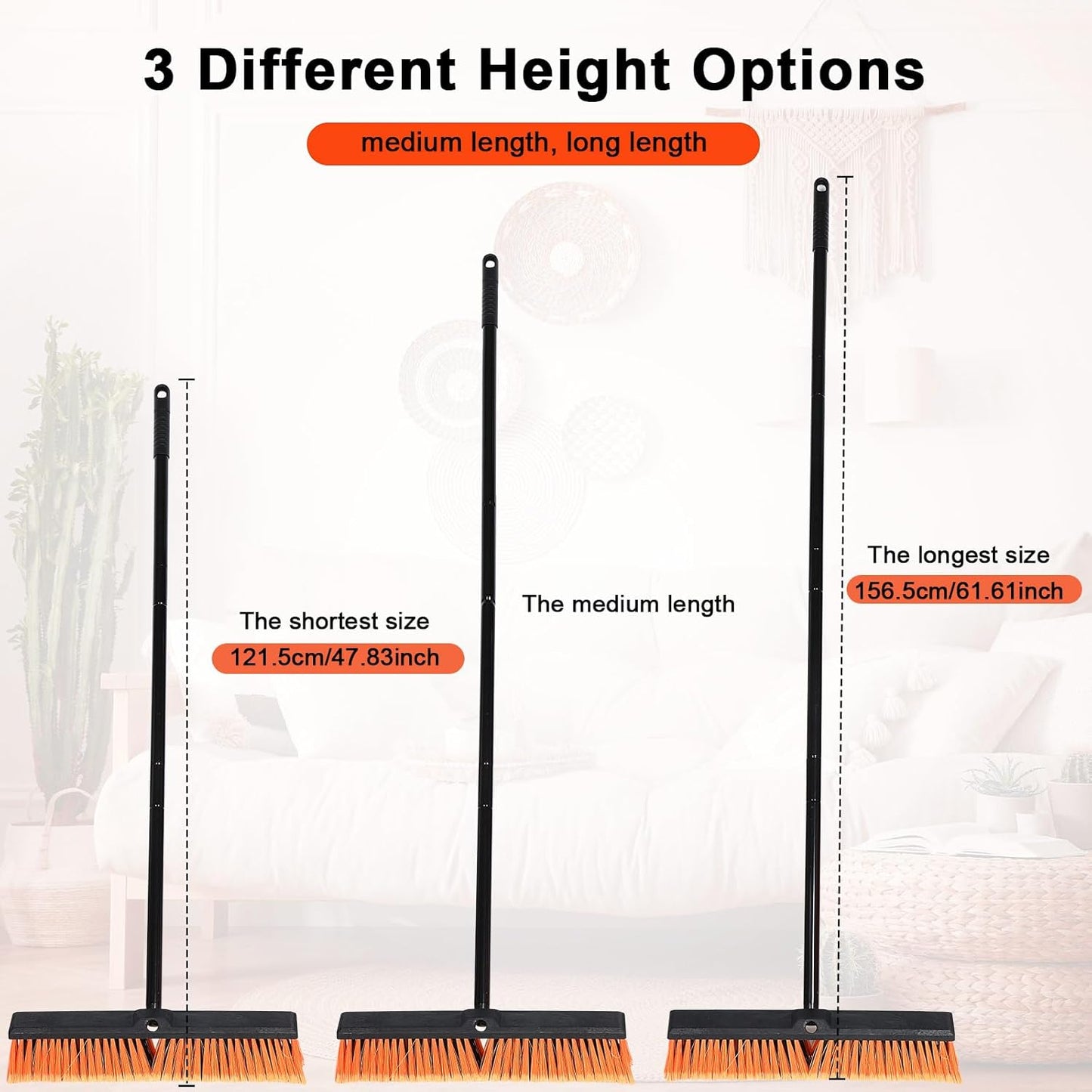 Zhehao 6 Pack 18 Inches Push Broom Outdoor, Multi Surface Garden Brush Broom with Adjustable 63" Long Handle for Deck, Driveway, Patio, Warehouse, Garage, Yard, Concrete Floor Cleaning (Orange)