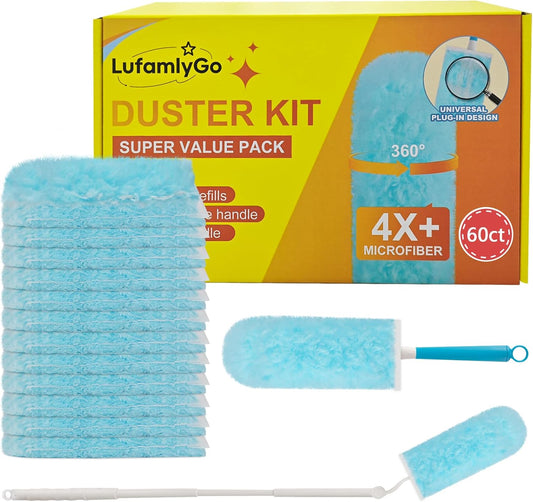 60ct 360° Heavy Duty Duster Refills Kit for Swiffer Duster, 4X Dust Capture Power with Microfiber, Disposable Feather Dusters for Cleaning Ceiling Fan, Cobweb, Car,1 Extended &1 Short Handle