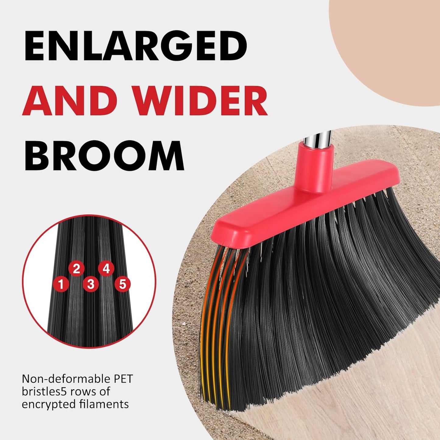 NACENA Heavy Duty Broom, 55 Inch Long Handle Outdoor Large Angle Brooms, Commercial Broom for Sweeping Indoor, for Home Garage Kitchen Office Courtyard Lobby Patio Lawn Concrete, 2 Pack (Black&Red)