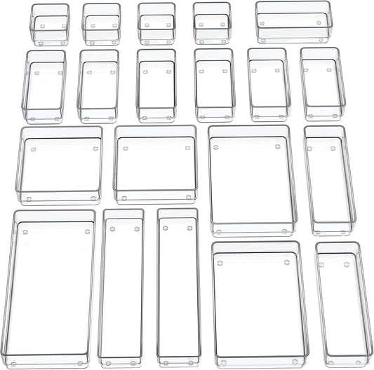 SMARTAKE 20-Piece Drawer Organizer with Non-Slip Silicone Pads, 7-Size Desk Drawer Organizer Trays Storage Tray for Makeup, Jewelries, Utensils in Bedroom Dresser, Office and Kitchen (Clear)