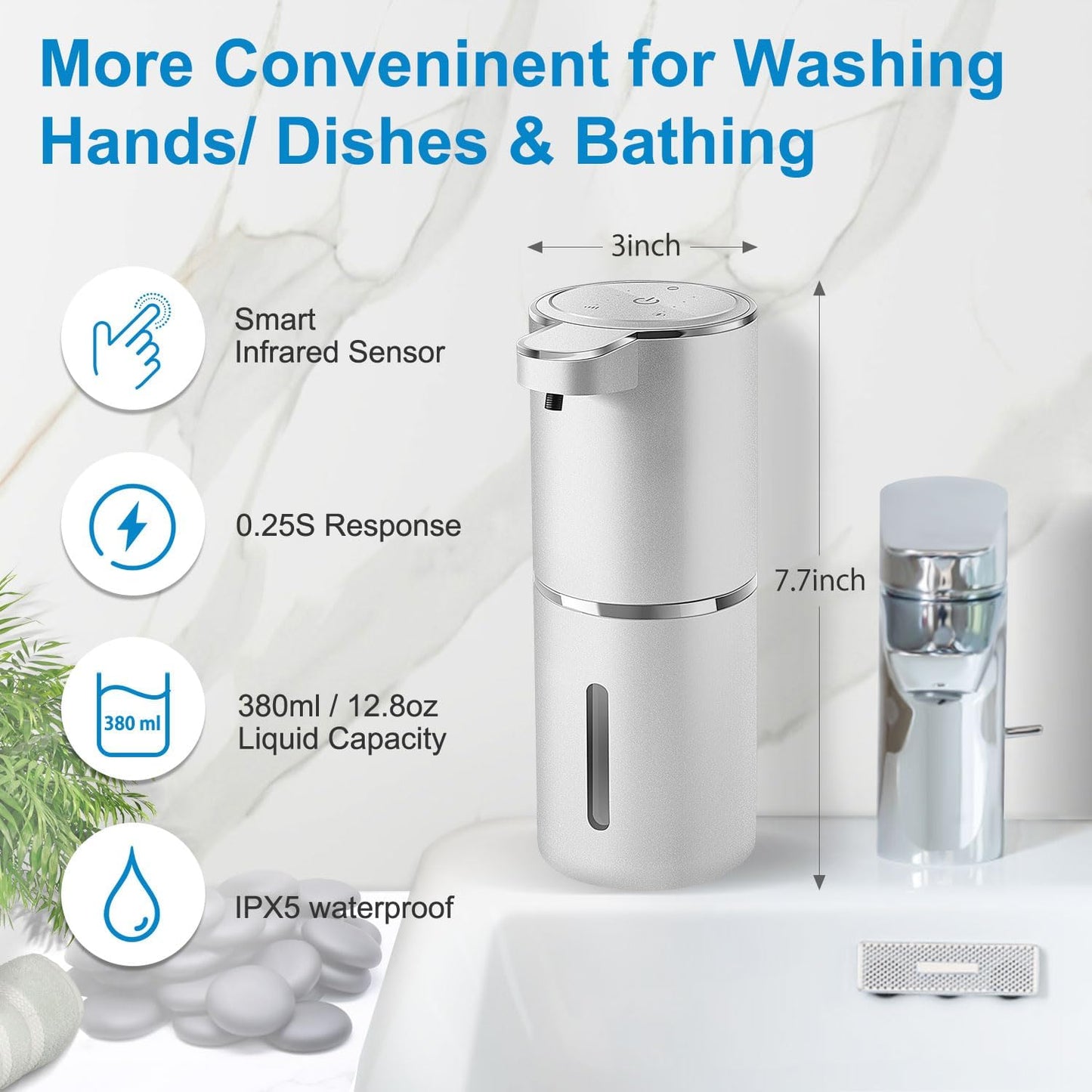 Automatic Foaming Soap Dispenser,4-Level Adjustable Foam, Wall Mount, USB Rechargeable,12.8oz/ 380ml,Touchless Hand & Dish Soap Dispenser for Bathroom, Kitchen,Hotel, Restaurant