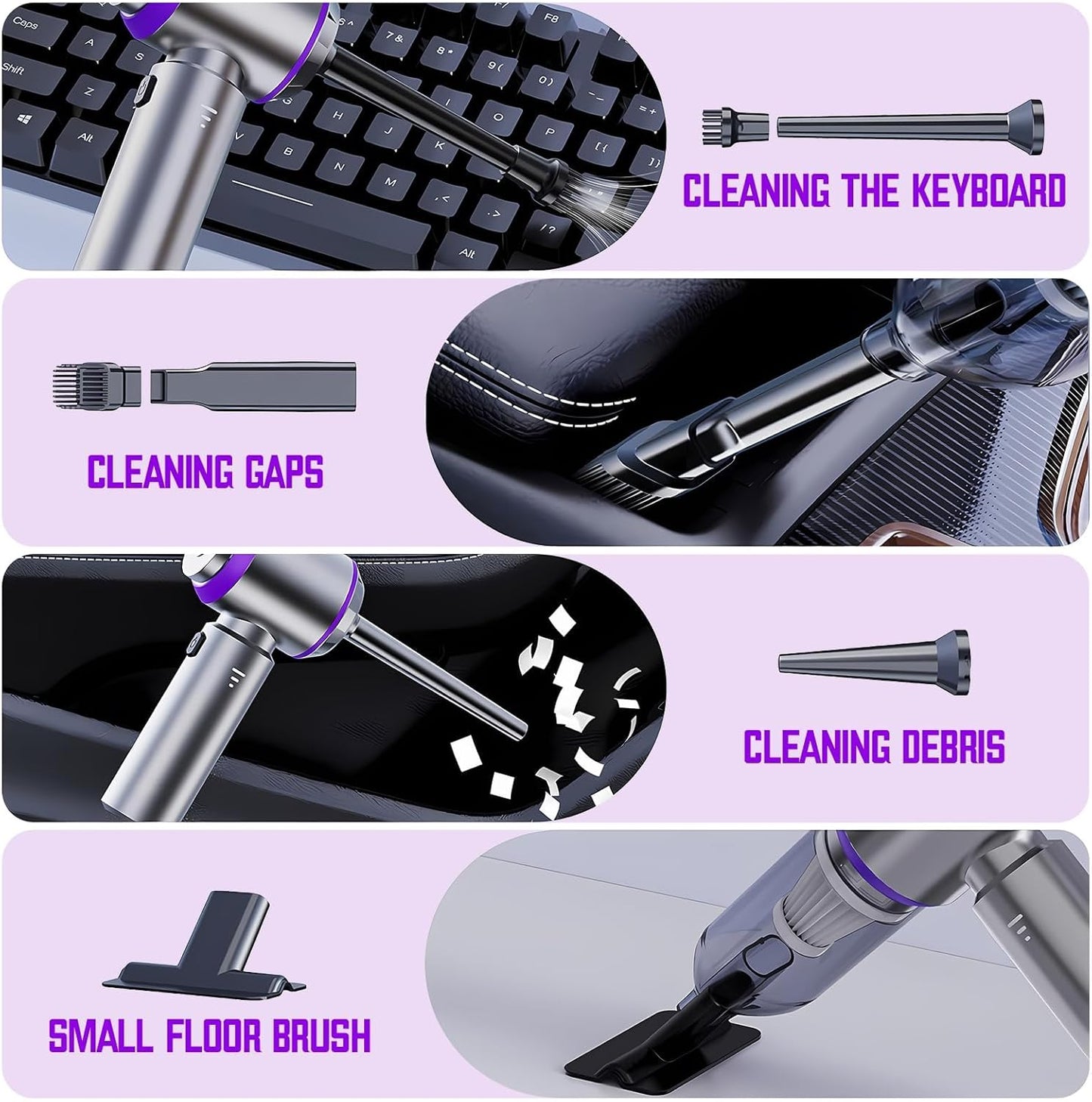 Mini Cordless Handheld Car Vacuum Cleaner/Air Duster/Blower/Hand Pump, 21000 PA High Power Brushless Motor, Portable Keyboard Vacuum Cleaner with Multi-Nozzles for Home, Office, Computer(Purple)