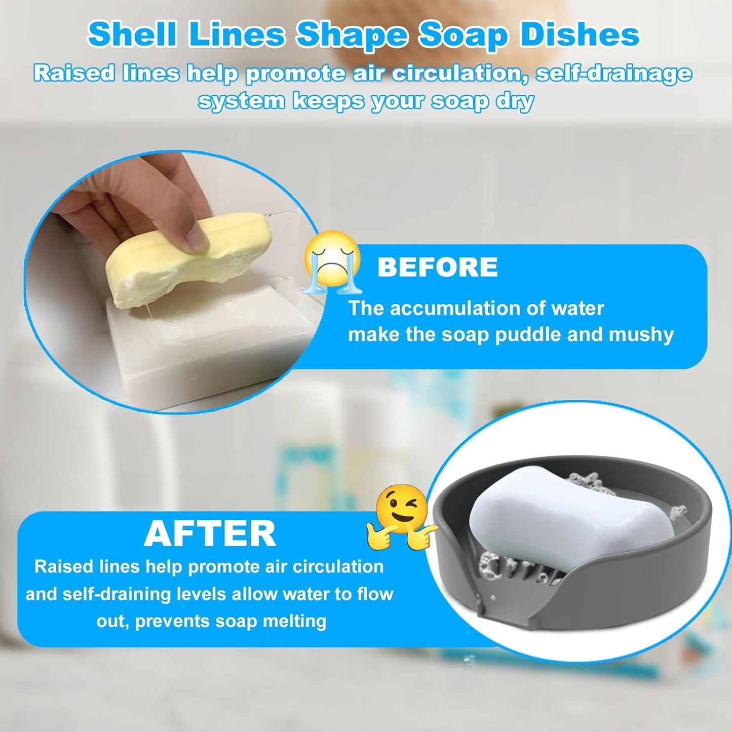 Self Draining Soap Dish, Silicone Suction Cup Soap Holder Tray Savers Container Sponge Holder for Bar Bathroom Shower Kitchen Sink, Can Extend Soap Life (2, Gray)