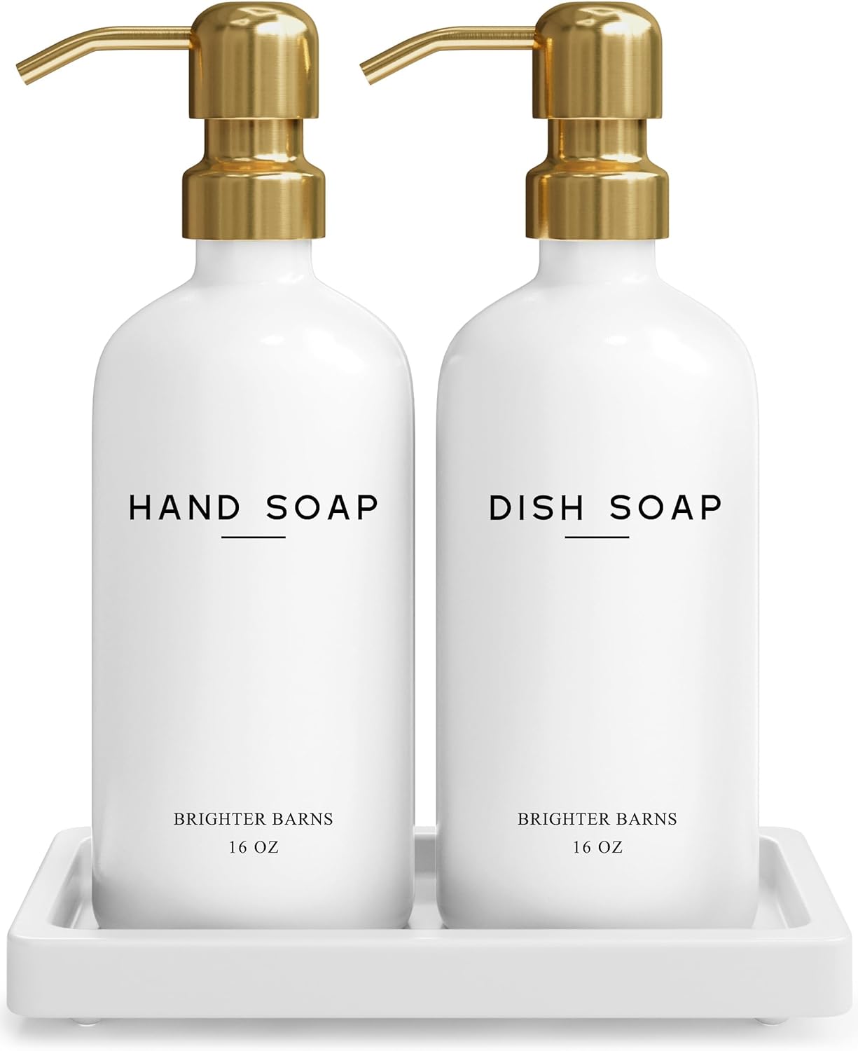 Luxury Glass Hand and Dish Soap Dispenser Set by Brighter Barns - Kitchen Soap Dispenser Set with Tray for Kitchen Sink - White and Gold Home Accessories & Decor for Restaurants, Airbnb, Gift (Gold)