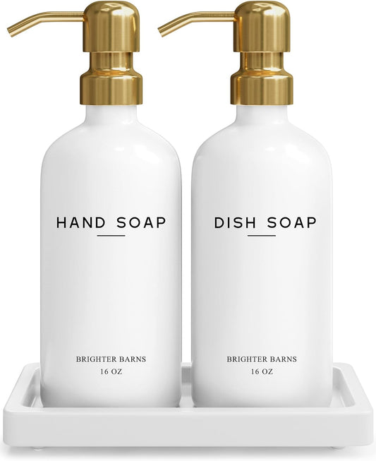Luxury Glass Hand and Dish Soap Dispenser Set by Brighter Barns - Kitchen Soap Dispenser Set with Tray for Kitchen Sink - White and Gold Home Accessories & Decor for Restaurants, Airbnb, Gift (Gold)