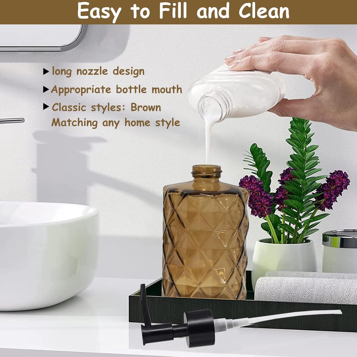Brown Bathroom Soap Dispenser with Black Plastic Pump, 12oz Glass Lotion Dispenser, Crystal Hand Soap Dispenser for Modern Home Decor, Kitchen Countertop, Hotel