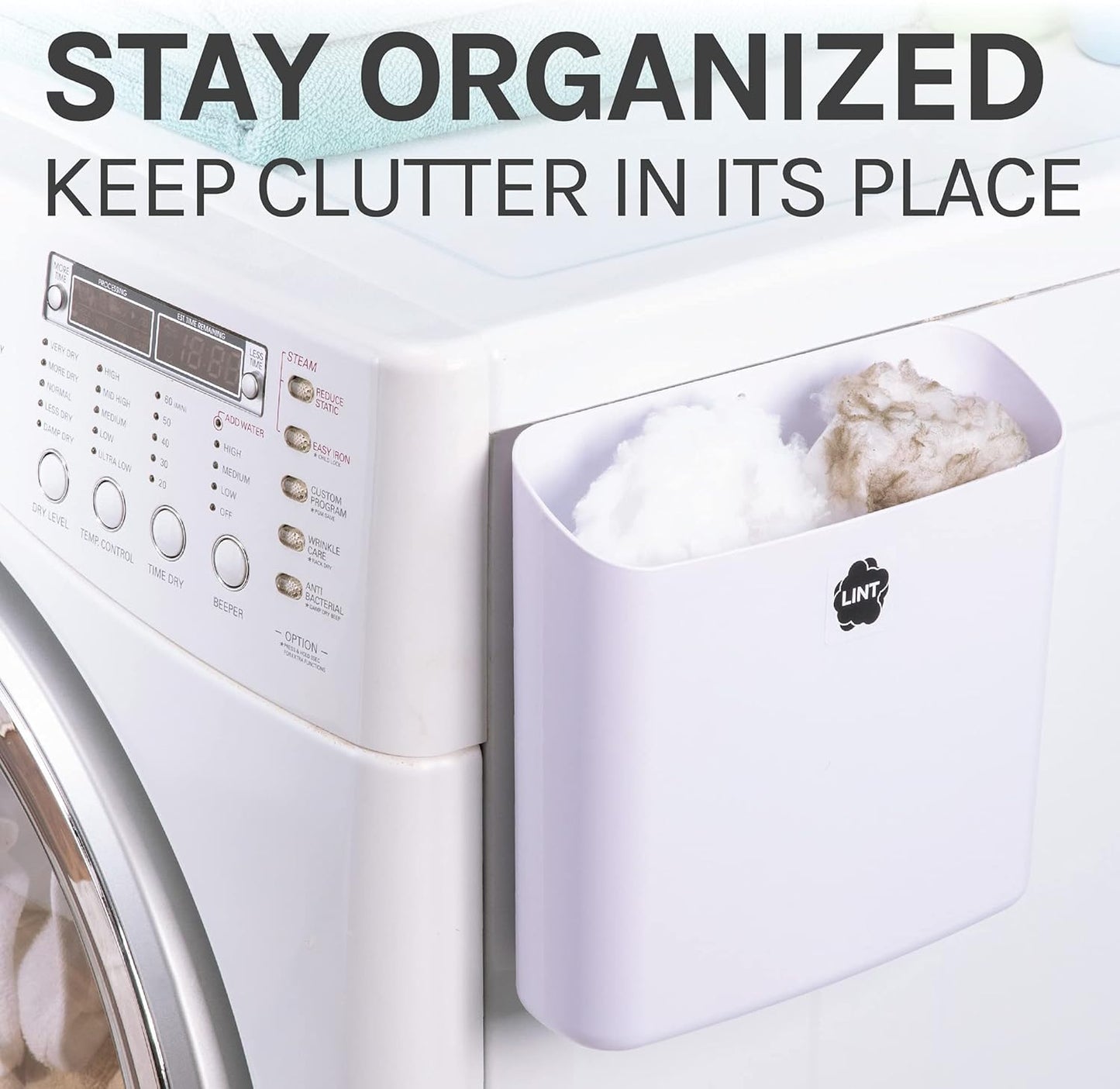 JS Jackson Supplies White Lint Bin with Magnetic Back (Set of 2), Large and Small Space Saving Trash Bins and Organizers for Laundry Room and Kitchen, Wall Mountable