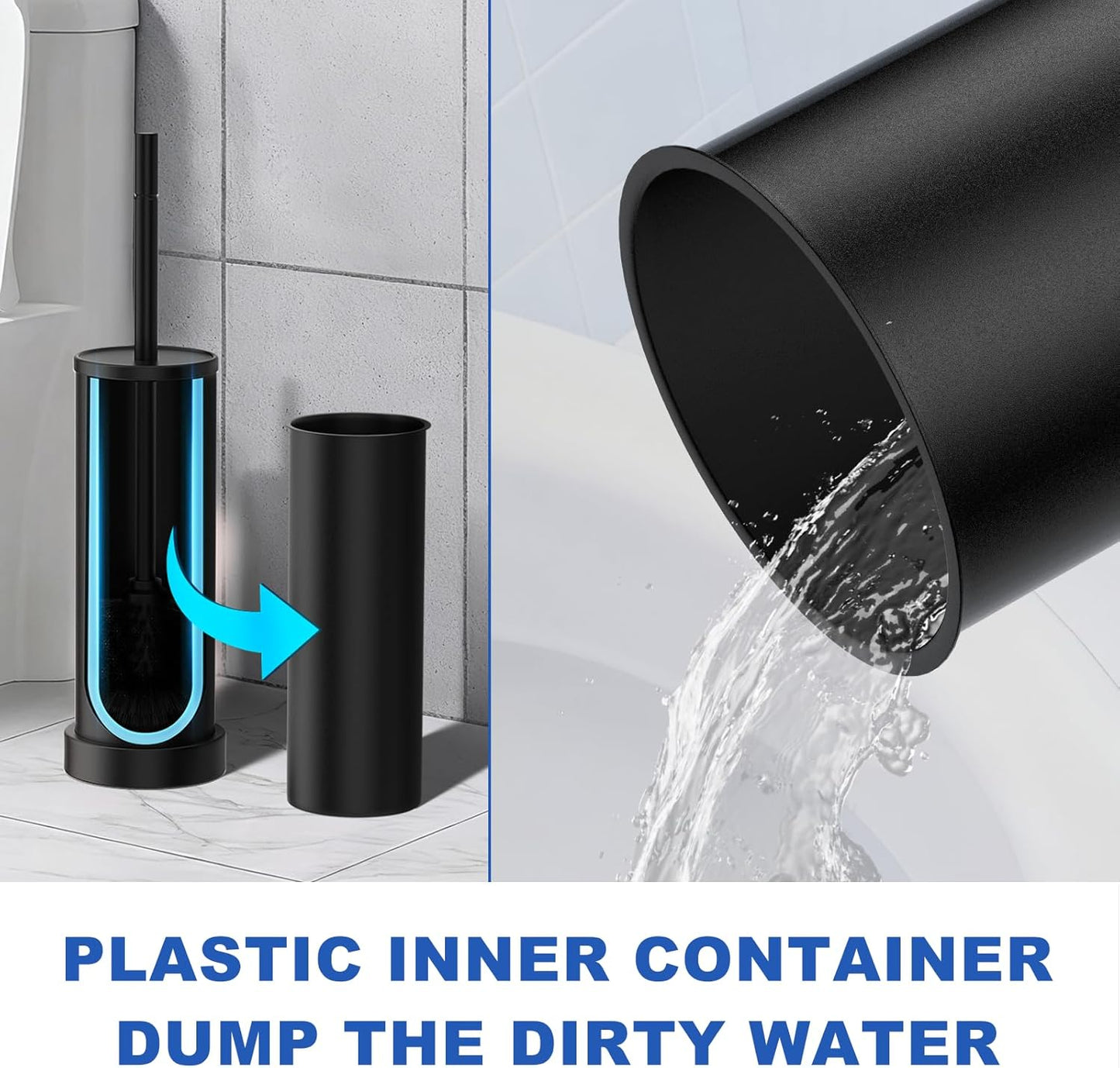 Black Toilet Brush and Holder Set, 304 Stainless Steel Heavy Duty Toilet Bowl Brush and Holder with Long Handle, Removable Inner Bowl and Splash Protection Modern Toilet Cleaner Brush for Bathroom