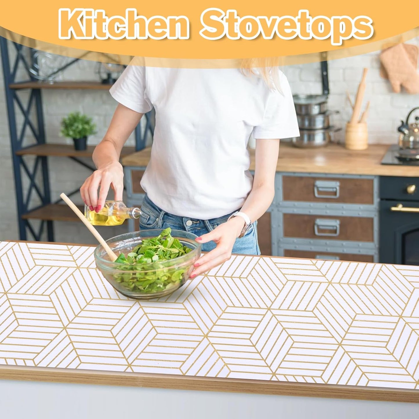 Shelf Liners for Kitchen Cabinets Non Adhesive Shelf Liner Paper Non-Slip Thickened Drawer Liner Easy to Clean for Tool Box Refrigerator with Knife and Tape Measure, Gold Geometric, 23.6 x 236.2 in