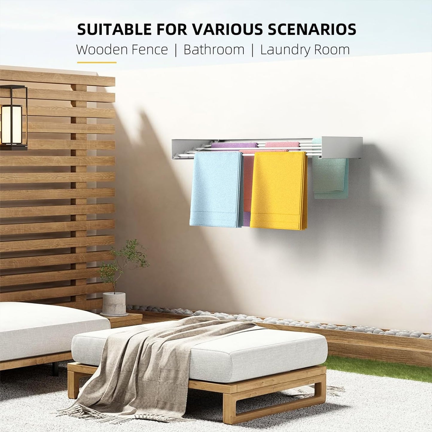 Laundry Drying Rack, Collapsible Wall Mounted Clothes Drying Rack - Foldable,Space Saving, 13.2 Linear Ft, 5 Aluminum Rods, 60 lb Capacity (White, 40")