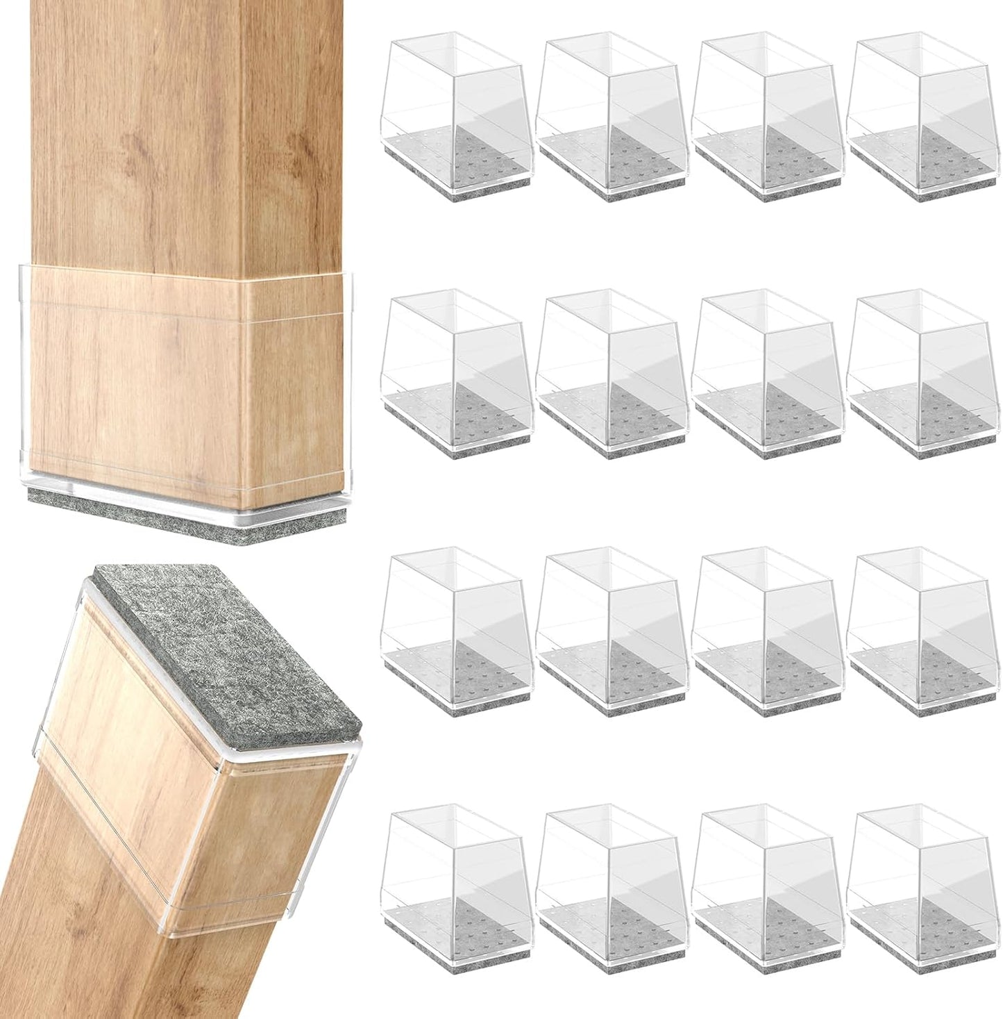 Rectangle Chair Leg Protectors for Hardwood Floors,16 PCS Silicone Covers to Protect Wood Tile Floors Felt Pads Furniture Leg Caps Reduce Noise. Easy to Move.(Clear,0.75 x 1.25 Inch,Rectangular)