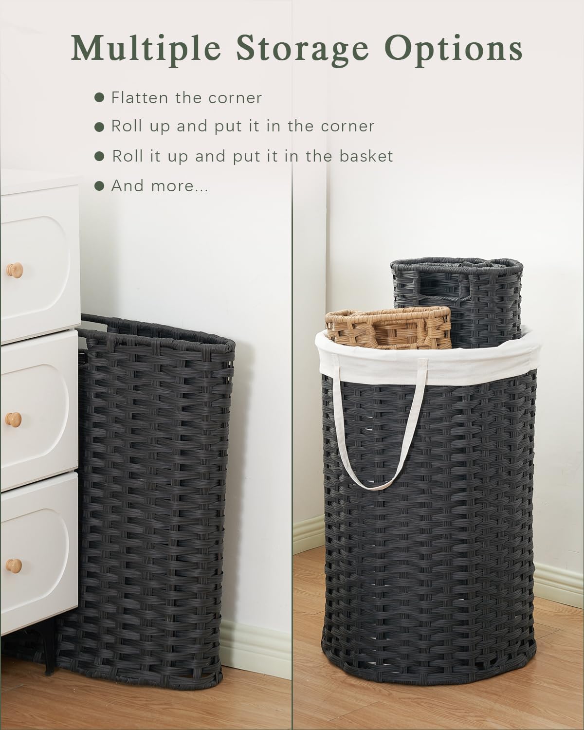 Laundry Hamper with Lid Wicker Laundry Hamper Round 26.5 Gal (100 L) Laundry Basket Handwoven Rattan Laundry Basket with Removable Bag Handles 2 Mesh Bags for Living Room Bedroom Black