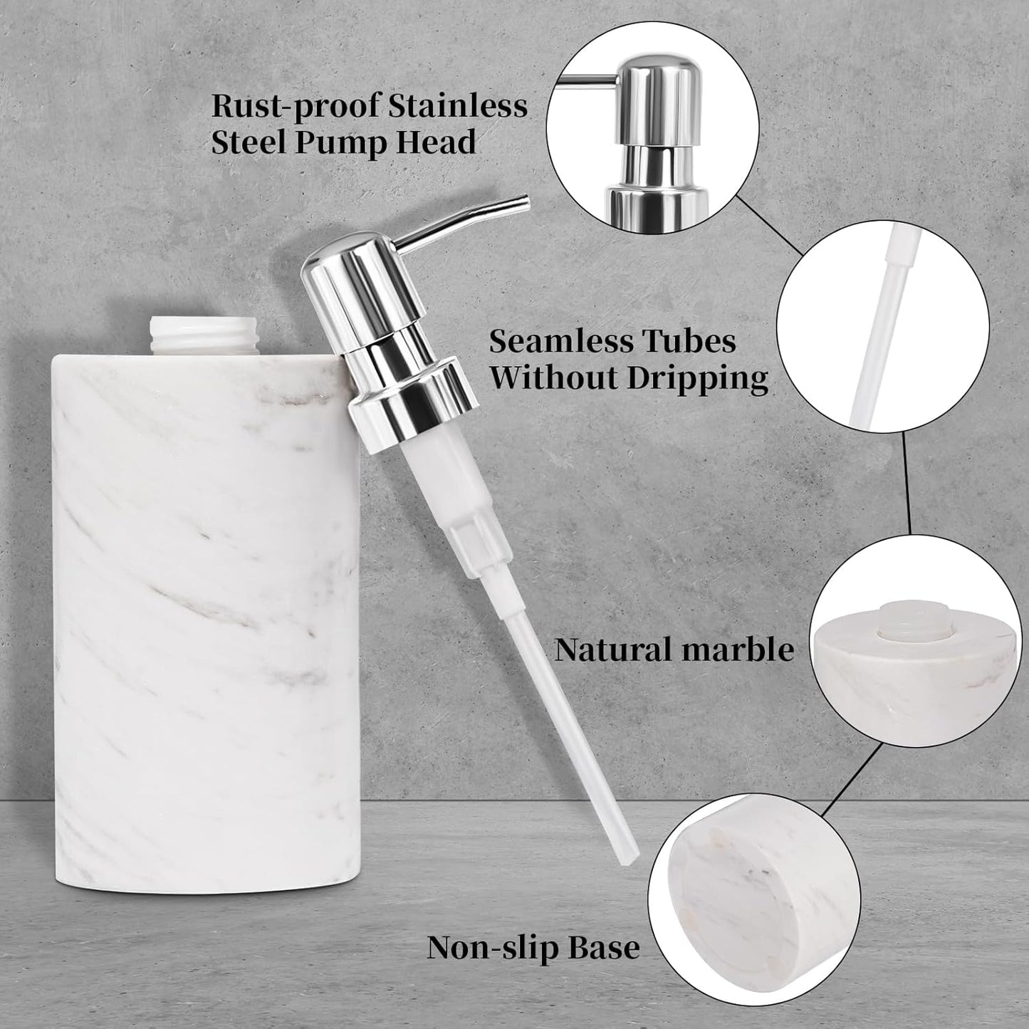 Marble Soap Dispenser with Stainless Steel Pump, White Hand Liquid Soap Dispenser, 6 Ounces for Bathroom