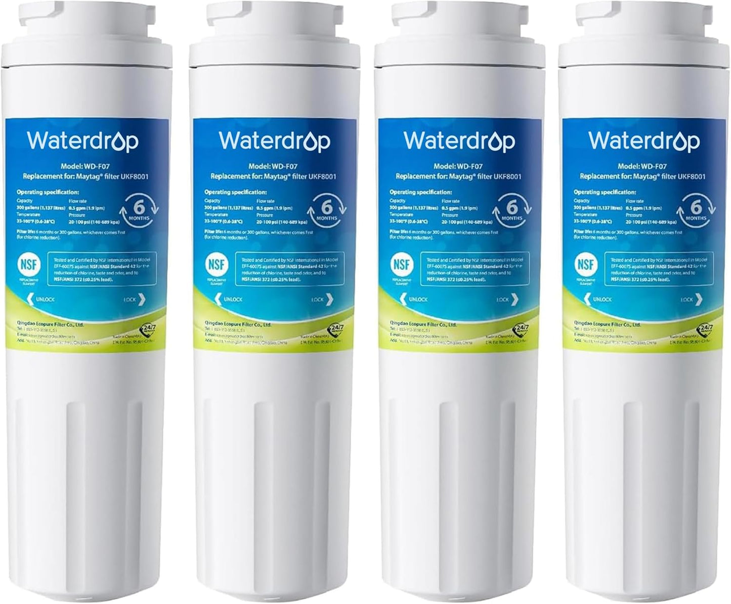 Waterdrop EDR4RXD1 Replacement for EveryDrop® Filter 4, Whirlpool® UKF8001, 4396395, Maytag® UKF8001AXX-200, UKF8001AXX-750, WD-F07, Refrigerator Water Filter, 4 Filters
