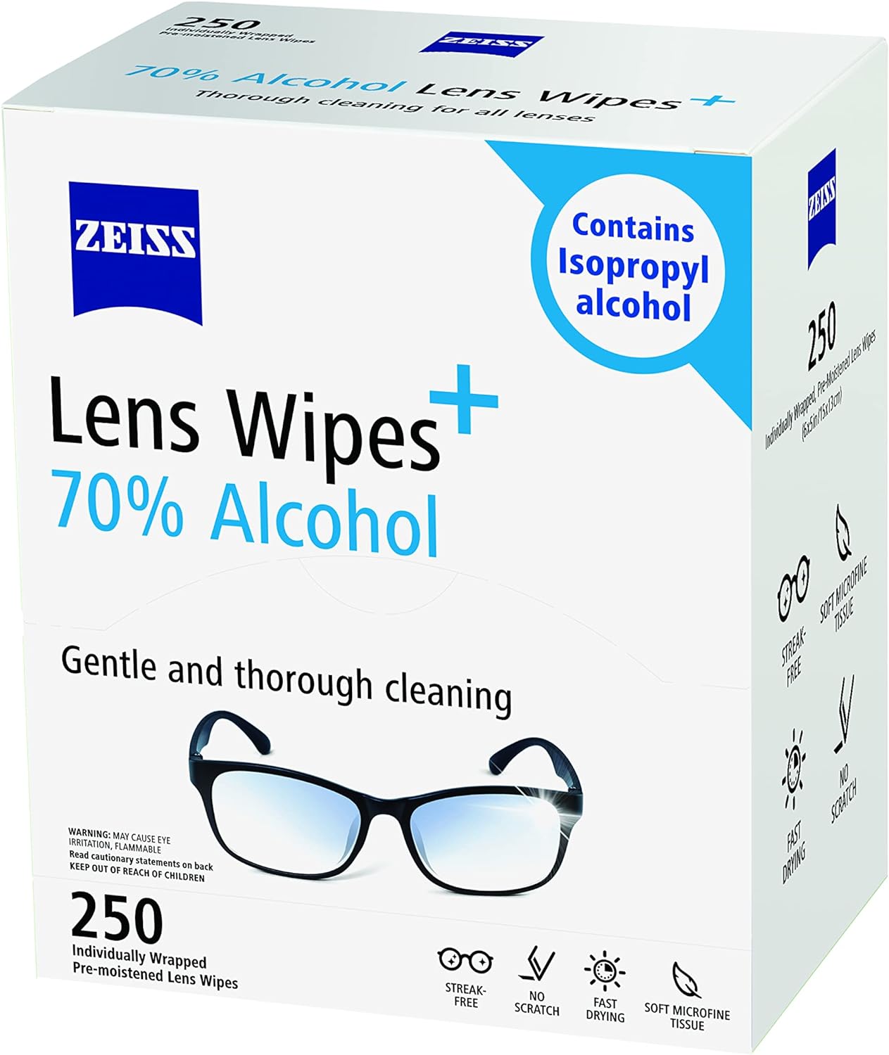 ZEISS Pre-Moistened Lens Cleaning Wipes with 70% Alcohol, 250 Count