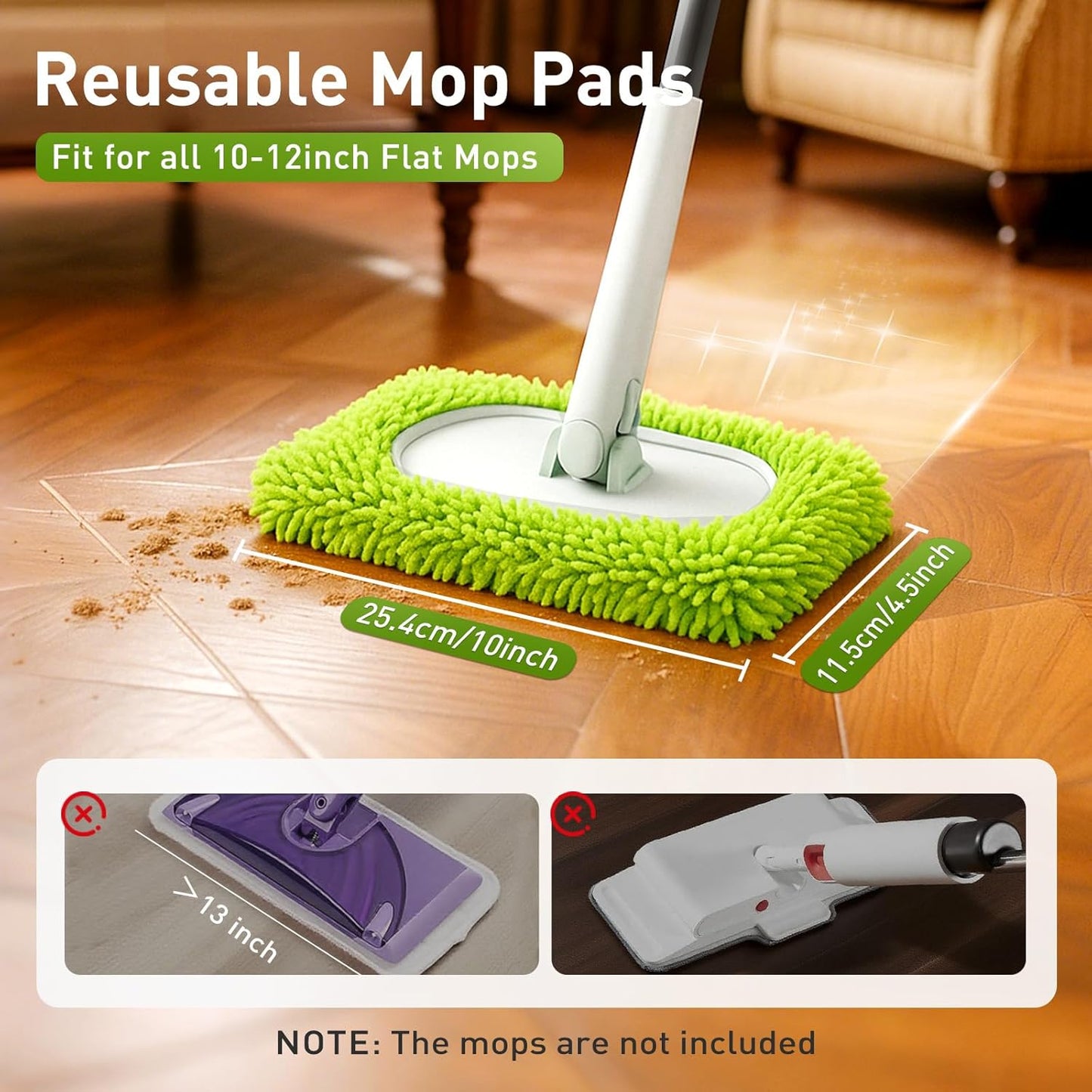 6PCS Reusable Mop Pads Fit for Flat Mops, Chenille Mop Refill Pads Washable Mop Covers, Household Replacement Mop Pads Wet & Dry Sweeping Cloths Mopping Pad Refills for Hardwood Floor Cleaning (Green)