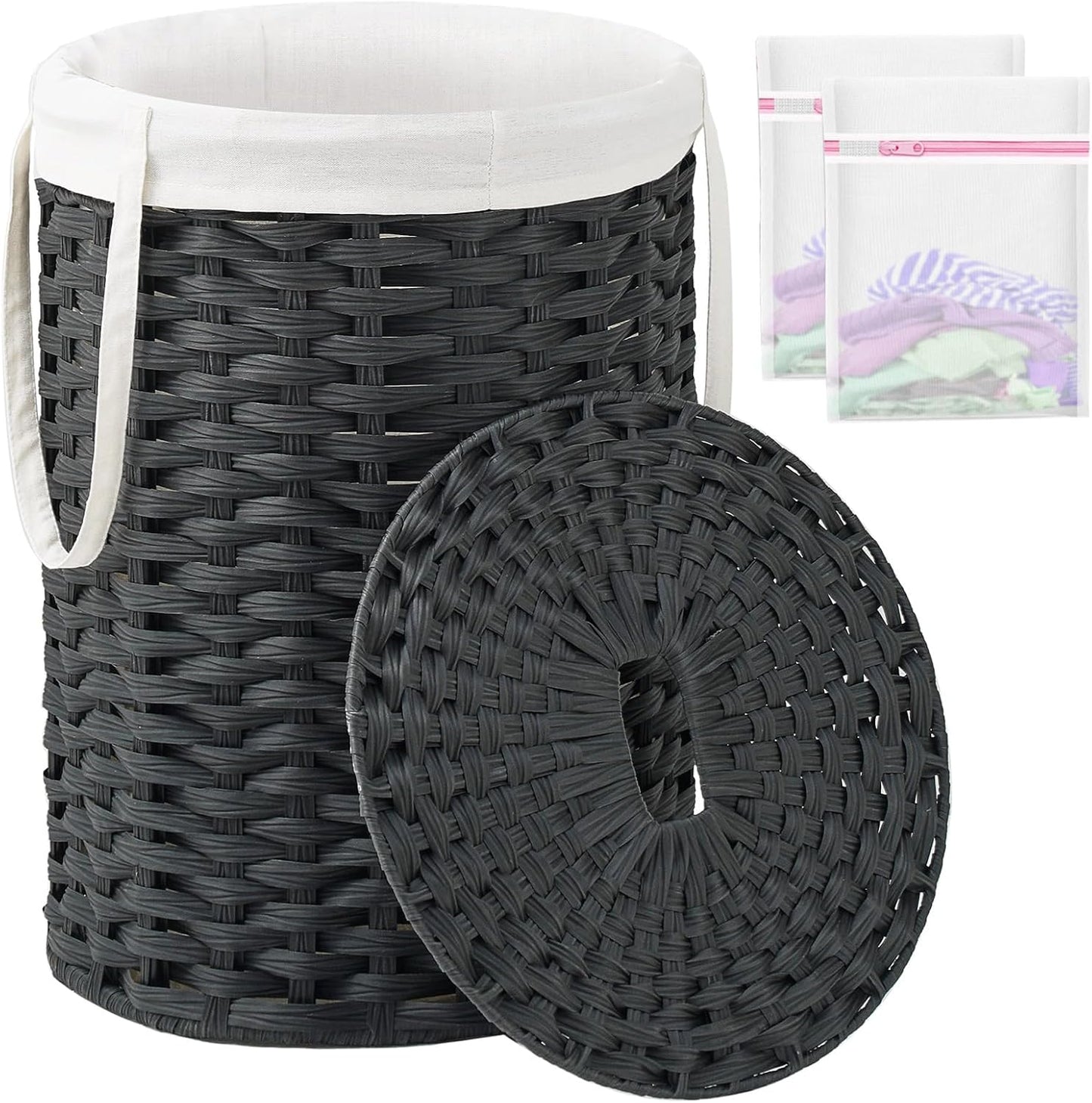 Laundry Hamper with Lid Laundry Basket with Lid 19.0 Gal (72 L) Round Wicker Laundry Basket Handwoven Rattan Basket with Lid Removable Bag 2 Mesh Bags Handles for Living Room Bathroom Black