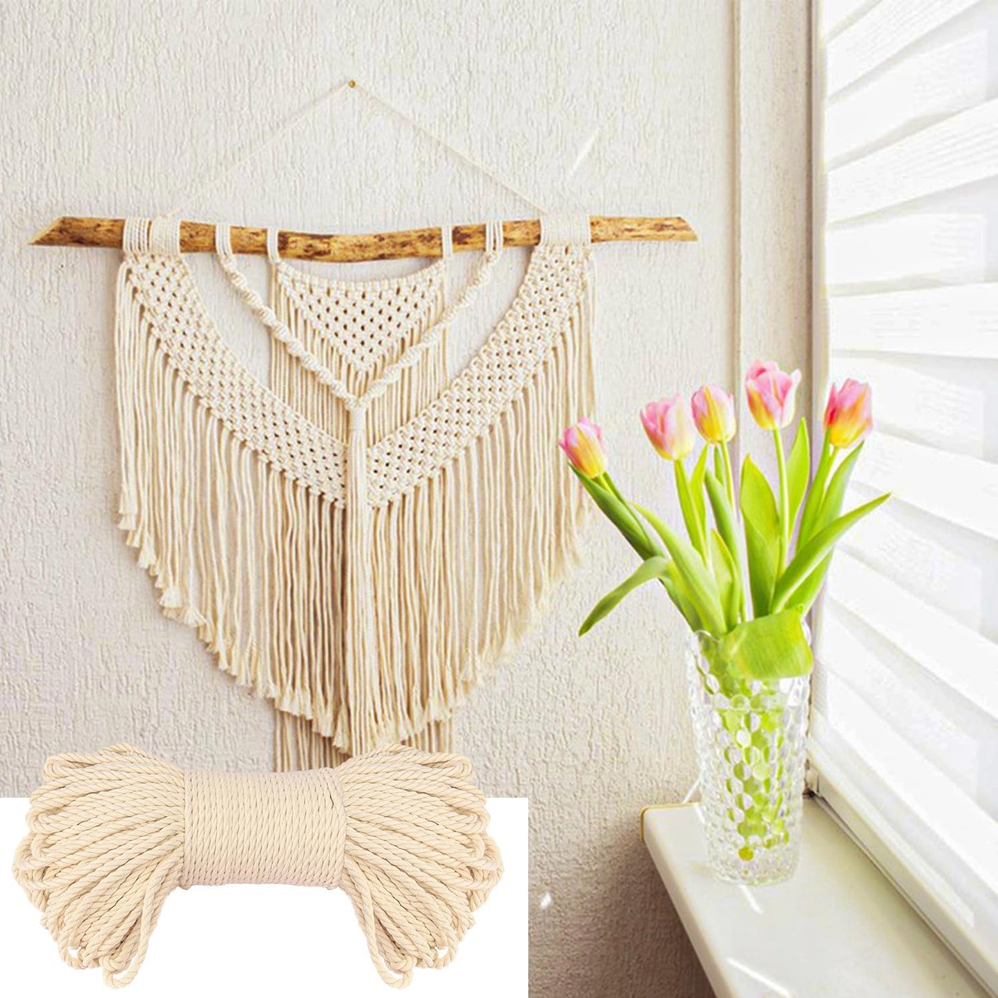 1/4 Inch Diameter White Cotton Rope 328 Feet Rope Composed of Four Strands of Cotton Rope, Soft and Thin Rope for Crafts, Clothesline and Home Interior Decoration