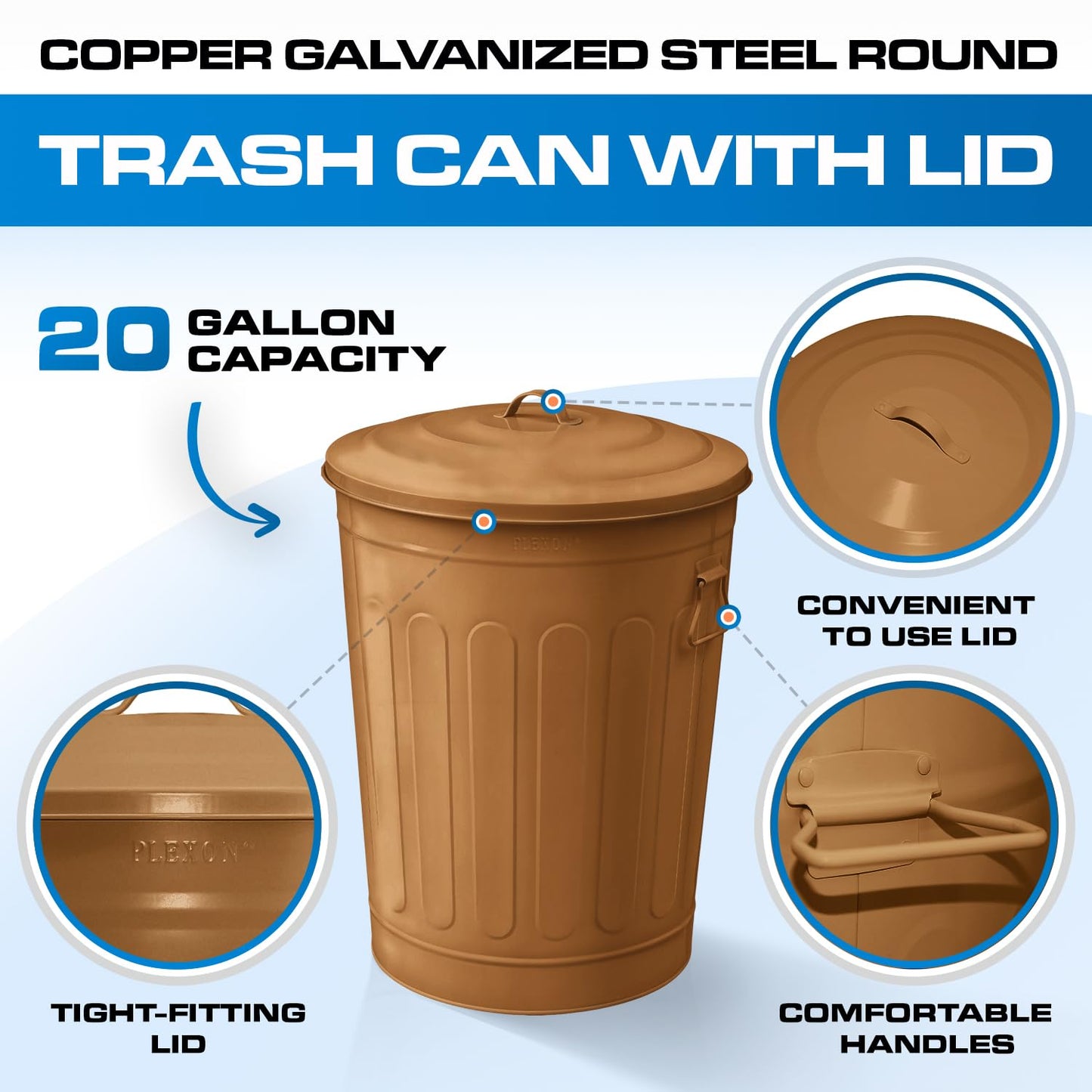 Plexon Round Trash Can 13 Gallon, Vintage Metal Outdoor Trash Can with Lid, Retro Farmhouse Garbage Container, Old School Modern Ash Bucket, Copper