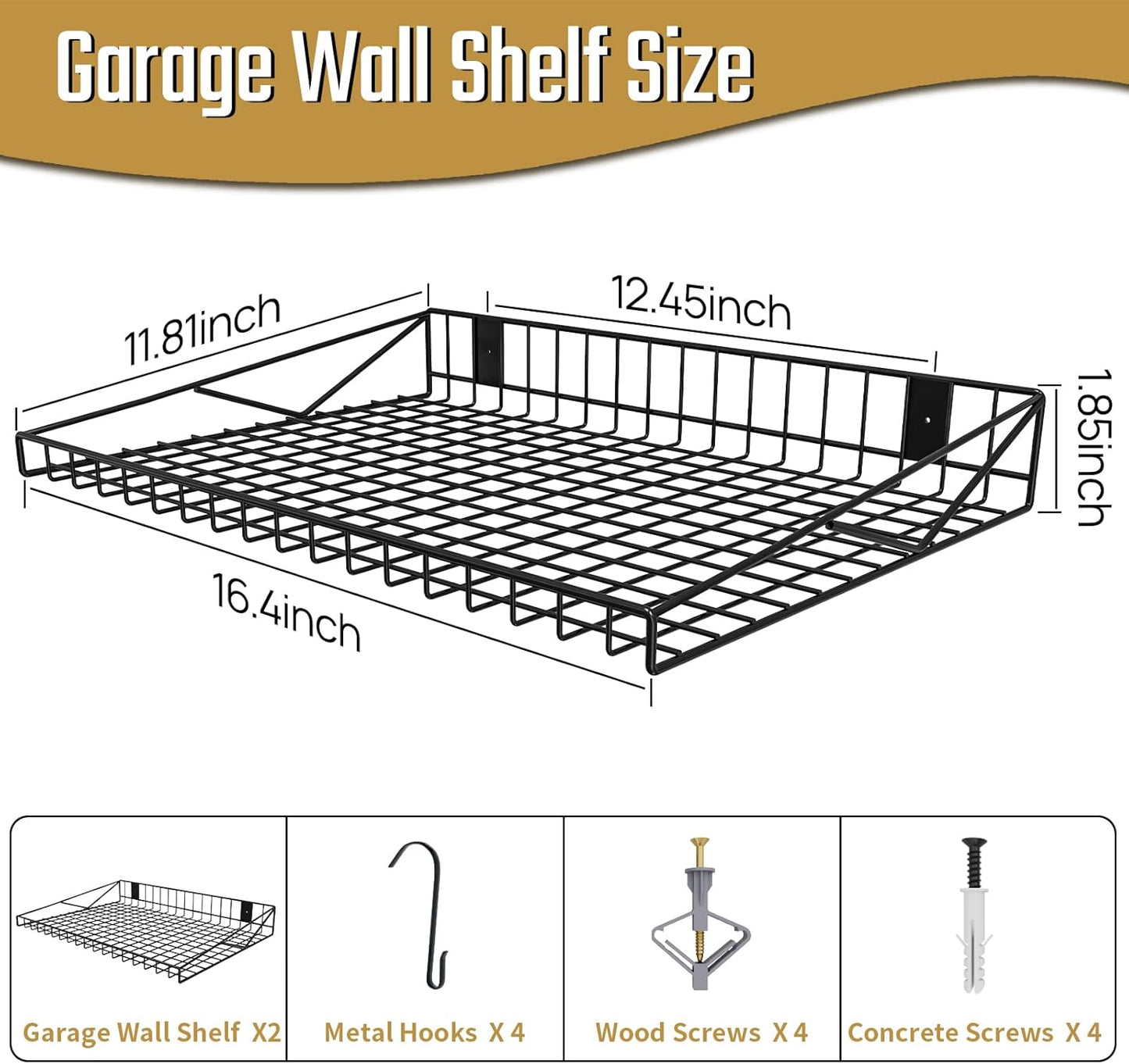 2 Pack Garage Wall Shelf, Garage Wall Mounted Shelving, Heavy Duty Floating Shelves With 4 Hooks, Loads 90 LBS Black Wall Shelves Mesh Storage Rack for Office, Basement, Wall Cabinet and Kitchen