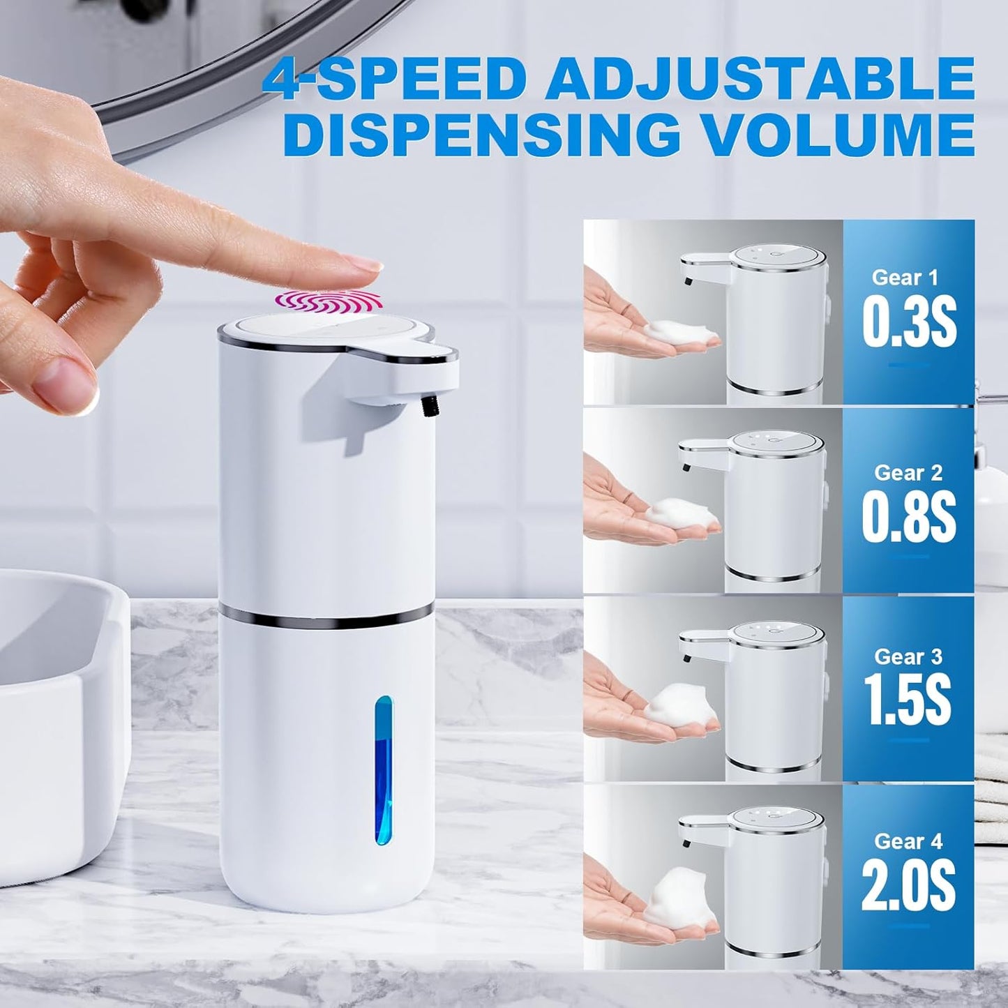 Automatic Foaming Soap Dispenser, 12.8oz/380ml Wall Mount Touchless Soap Dispenser with Sensor, 4-Level Adjustable, IPX5 Waterproof, USB Rechargeable for Bathroom, Kitchen