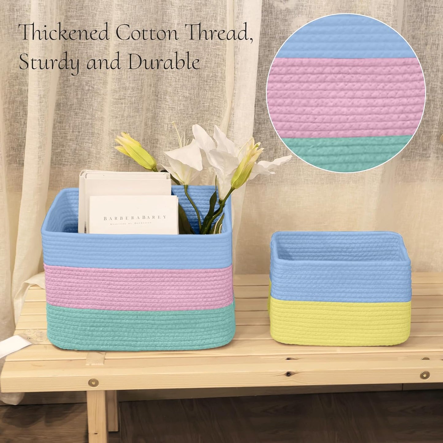 Hopegiver Woven Storage Baskets 15x11x10 Inch, 1 Pack Collapsible Cube Storage Bin for Shelves - Foldable Cotton Rope Organizer Bins for Towels, Toys, Books, Closet, Nursery (Blue Pink Green)