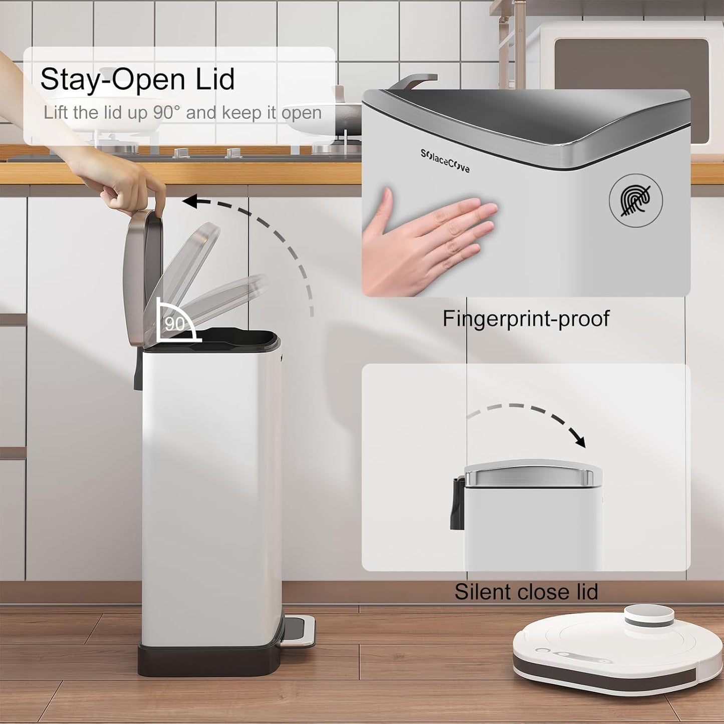 30L/8 Gallon Stainless Steel Garbage Bin with Soft-Close Lid,Step Trash Can with Removable Plastic Inner Bucket, Fingerprint-Proof(White)