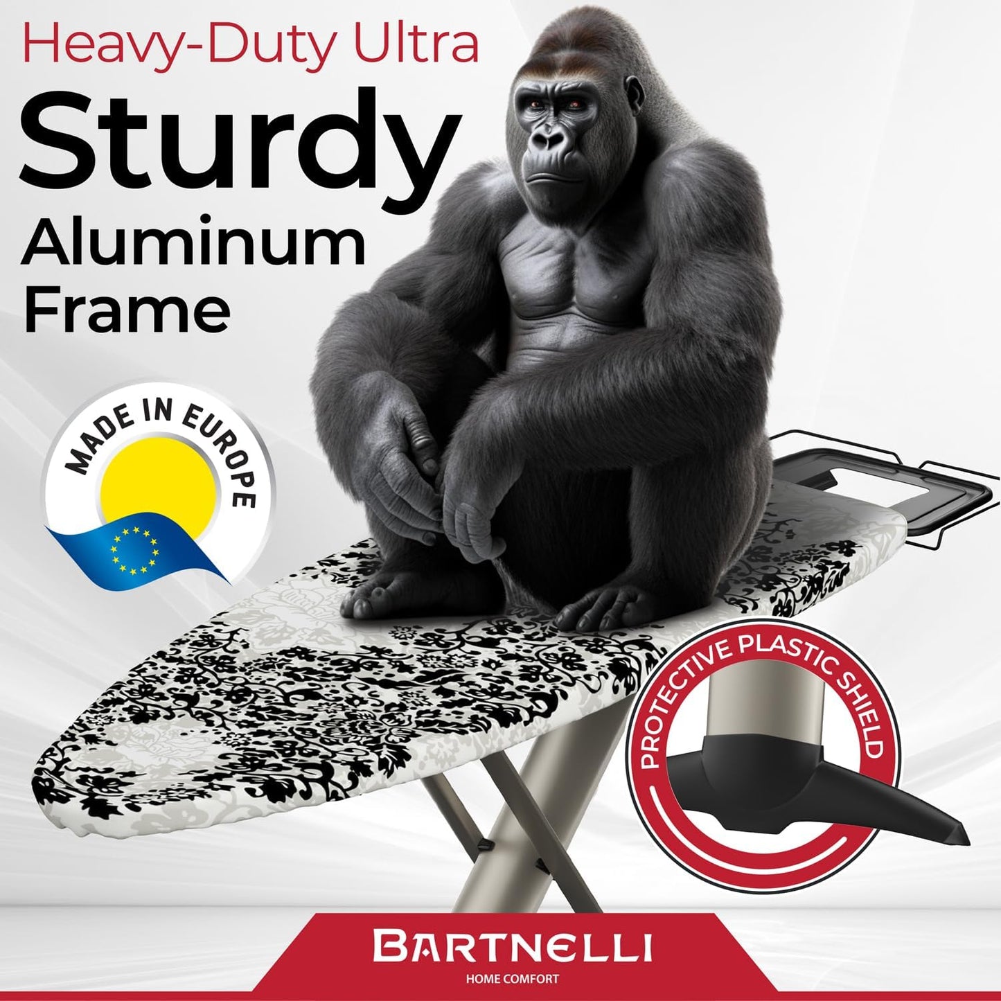 Bartnelli Pro Luxury Ironing Board - Extra Wide 62x19” Steam Iron Rest, Adjustable Height, T-Leg Foldable, European Made