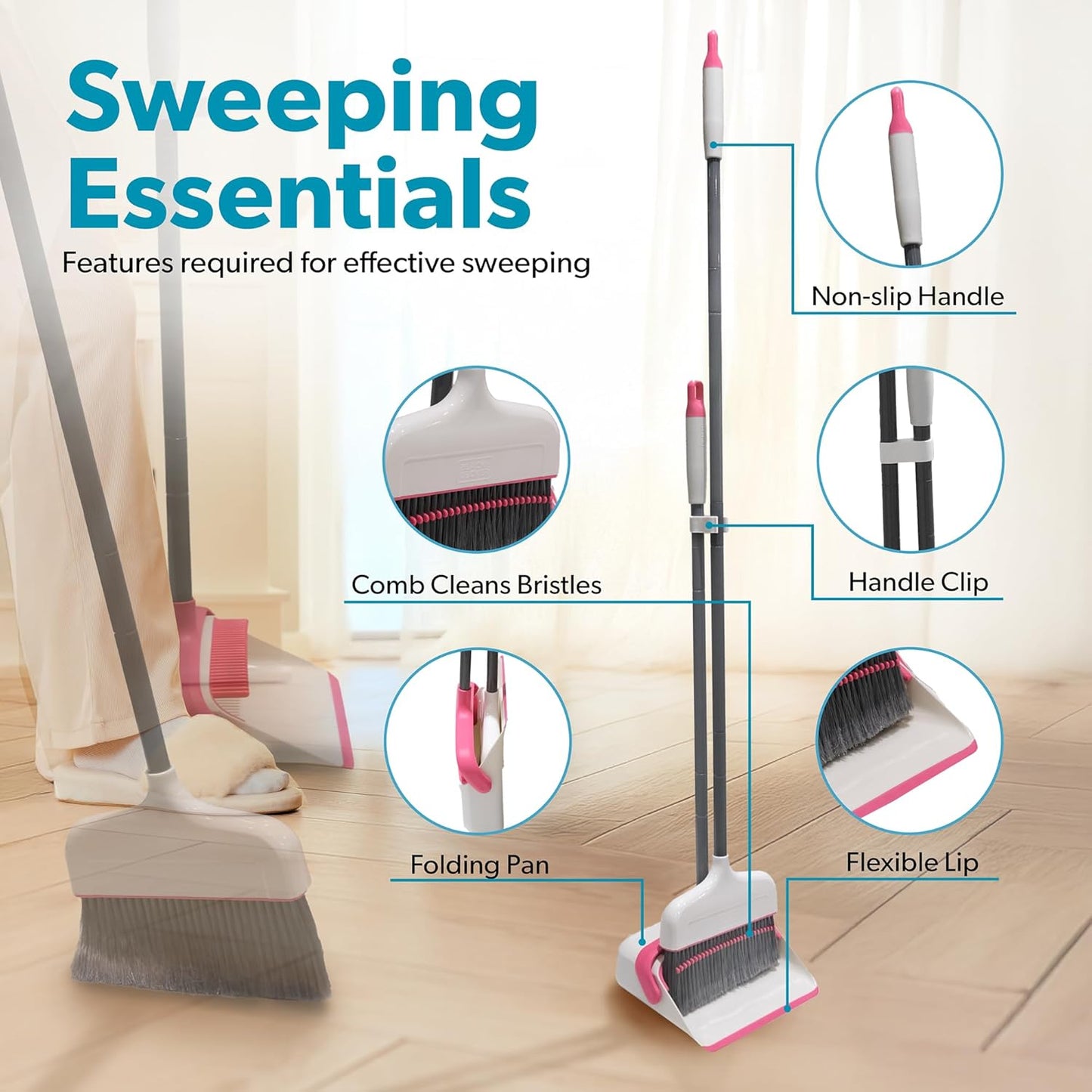 BLACK+DECKER Butler Broom & Dustpan Set - Stand-Up Design - Lightweight, Space-Saving Combo for Kitchen, Living Room, Bathroom, Lobby Floors - Home Cleaning Essential, White/Pink