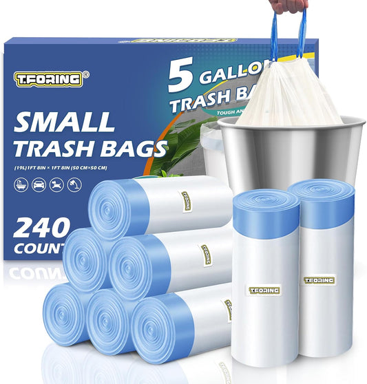 240 Count 5 Gallon Trash Bags Drawstring 1.1 Mil - 18 Liter Small Garbage Bags for Bathroom, Strong Unscented White Plastic Wastebasket Bin Liners for Kitchen Office Toilet and Bedroom