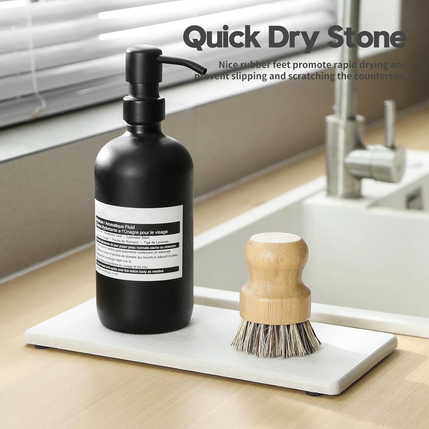 2PCS 10"x 5" Large Bathroom Sink Vanity Trays, Water Absorbing Diatomite Stone Quick Drying Mat for Kitchen Counter, Dish Rack Dispensers Sponge Holder Caddy Organizer, Beige, 10"x 5"