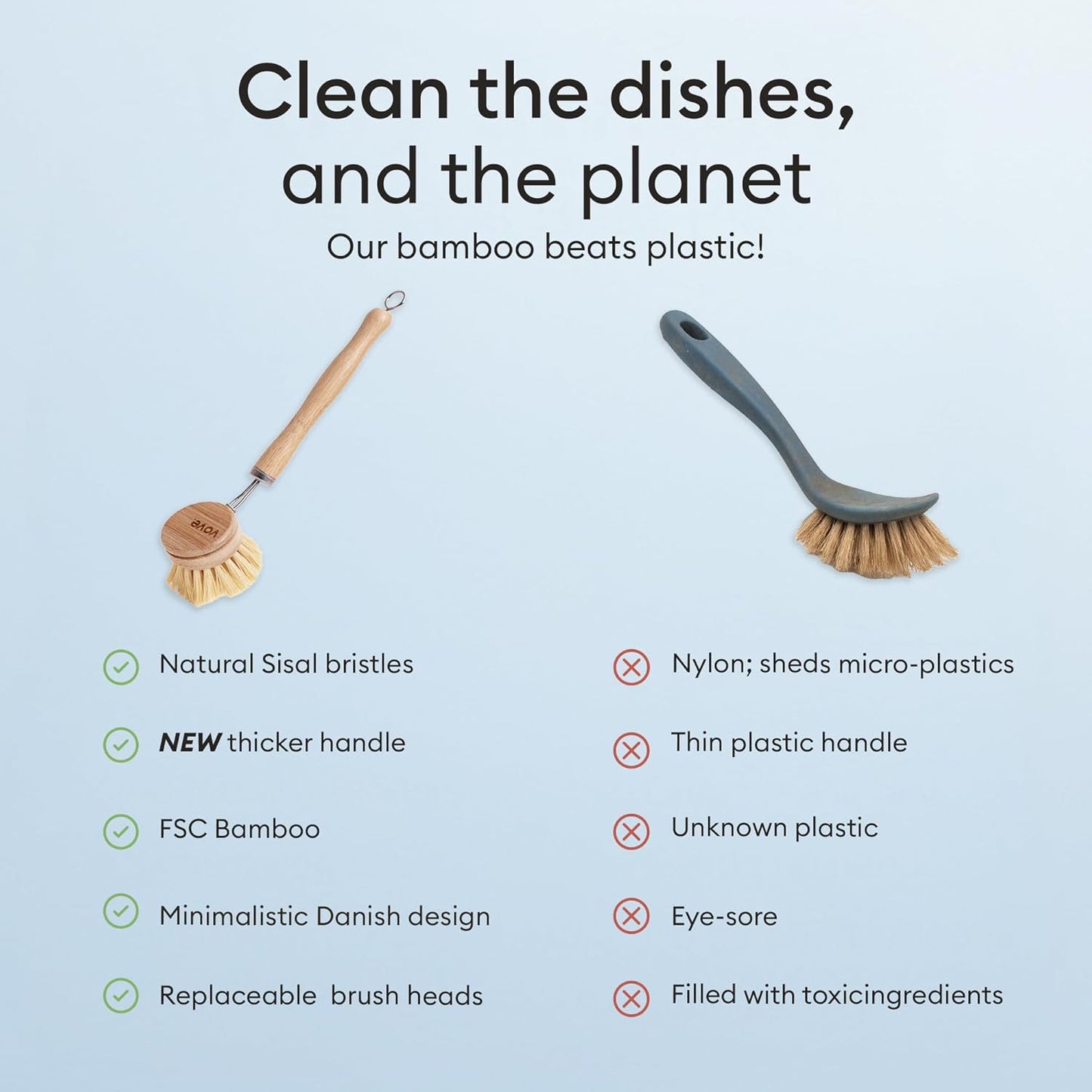 Vove Bamboo Dish Brush, FSC-Certified - Includes 3 Replacement Heads - Natural Fiber Bristles - Non-Toxic, Plastic-Free - Scrub Brush for Pots, Pans & Dishes