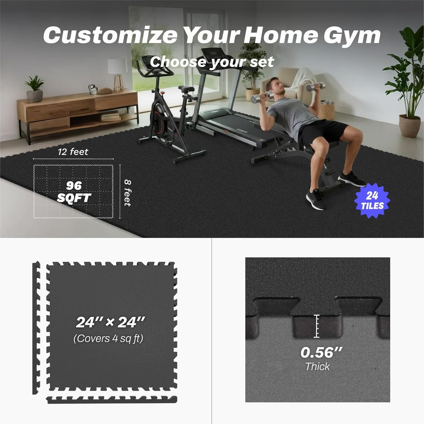 AIRHOP 0.56in Thick 96 Sq Ft Exercise Equipment Mats, 24 Tiles Upgraded Rubber Top with High Density EVA Foam, Large Interlocking Puzzle Gym Flooring for Home Gym, Heavy Weight Workout,Black