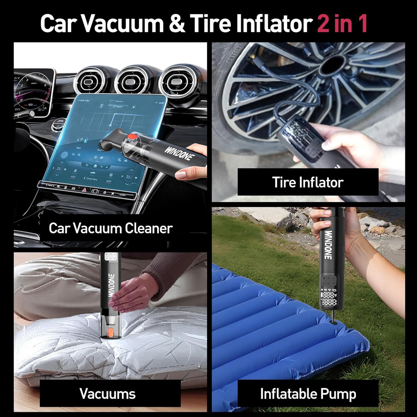 Windone Car Vacuum, 12000Pa 2-in-1 Cleaner & Tire Inflator 150PSI, 60W Brushless Motor, Cordless Handheld Vacuum & Air Pump with Pressure Gauge, LED Light, Multi-Nozzles for Car, Home, Office