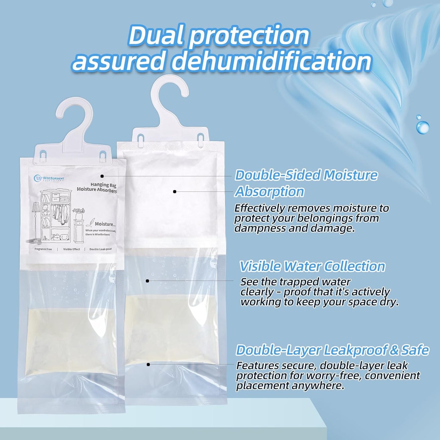 Moisture Absorber Hanging Bags 12 Pack - 7 oz Fragrance-Free Dehumidifier for Closet, Bathroom, Bedroom – Double Leak-Proof Design & Dual-Sided Absorption