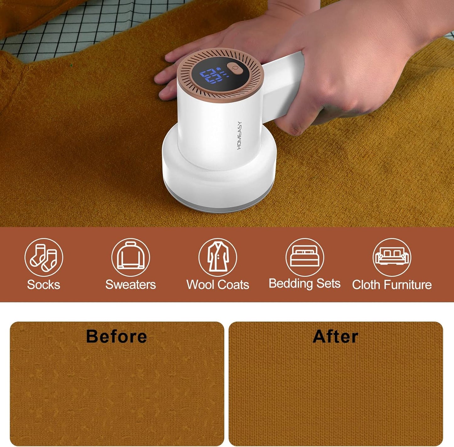 Fabric Shaver Fuzz Remover Rechargeable, HOMEASY Electric Lint Remover Shaver with 3 Blades & LED Digital Display, Sweater Couch Fabric Pill Shaver for Sweater, Couch, Furniture (White)