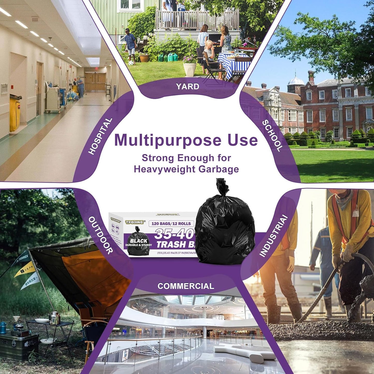 35-40 Gallon Black Trash Bags 120 Count - 35" x 40" Large Garbage Bags, 30+ Gallon Strong Trash Can Liners for Home, Commercial Use,Yard Waste, Bulk