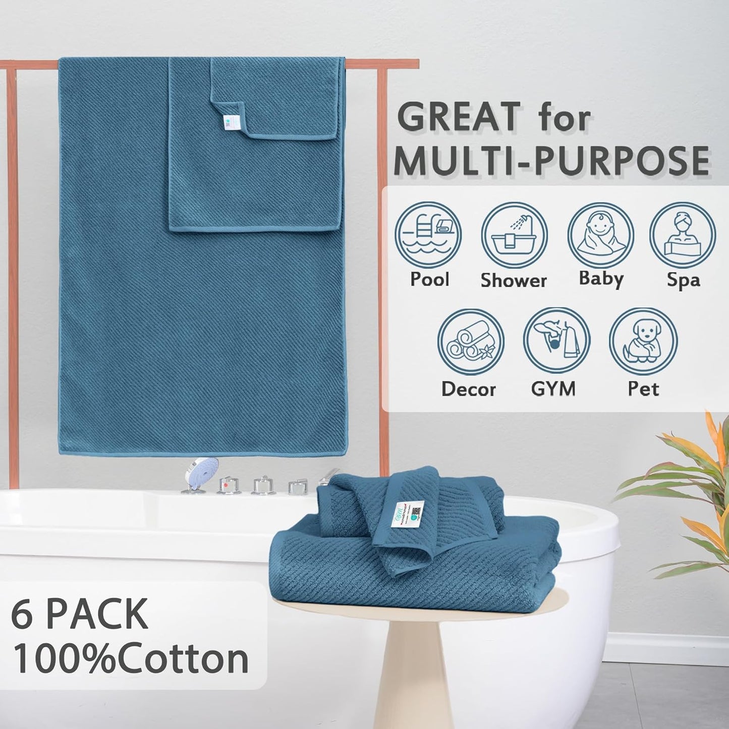 VOOVA & MOVAS Blue Towels Bathroom Sets, 100% Cotton | Lightweight | Soft | Quick Dry | Thick, Towel Set of 6, 2 Large Bath 30"x56", 2 Hand 18"x28", 2 Wash Cloths 13"x13", Denim Blue Towel Gift