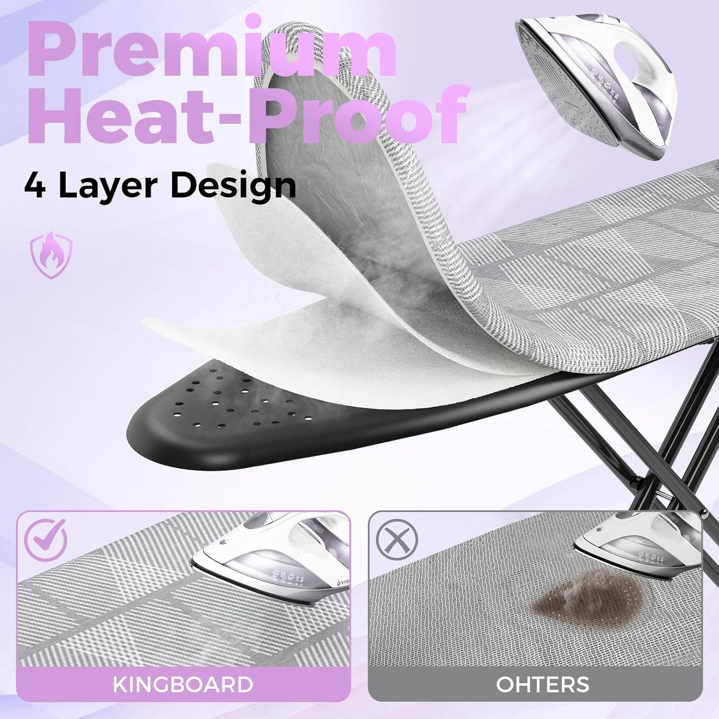 KINGBOARD Ironing Board, Compact Iron Board with Silicon Iron Mat, Heat Resistant Cover, 7 Height Adjustable, Foldable Ironing Board Wall Mount Hanger, 13x43 Grey