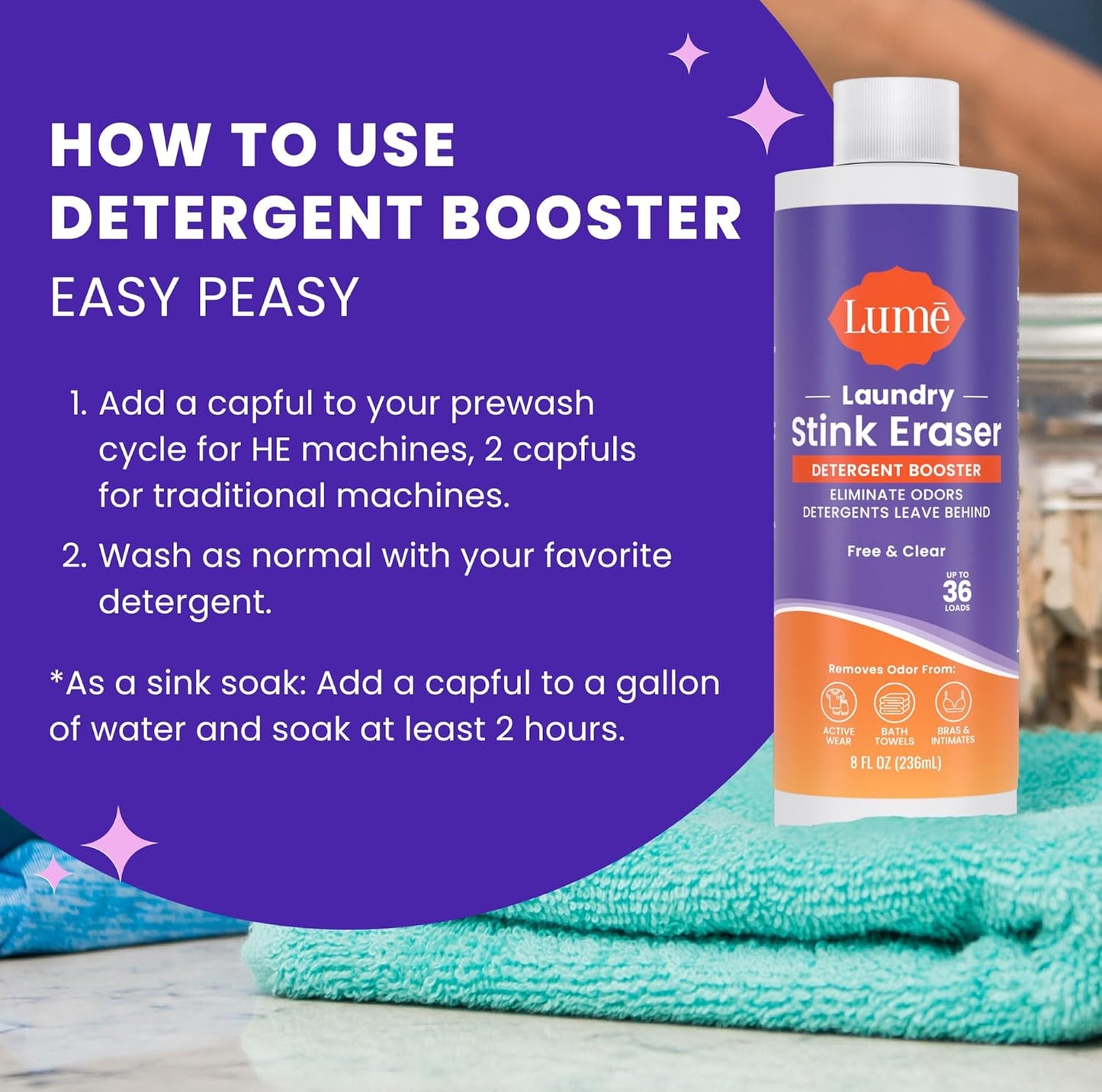 Lume Laundry Stink Eraser - Detergent Booster & Sink Soak - Eliminates Body Odor In Clothes - Odor Blasting Enzyme Blend - Makes Your Detergent Work Better - Free And Clear - 8 fluid ounces (2 Pack)