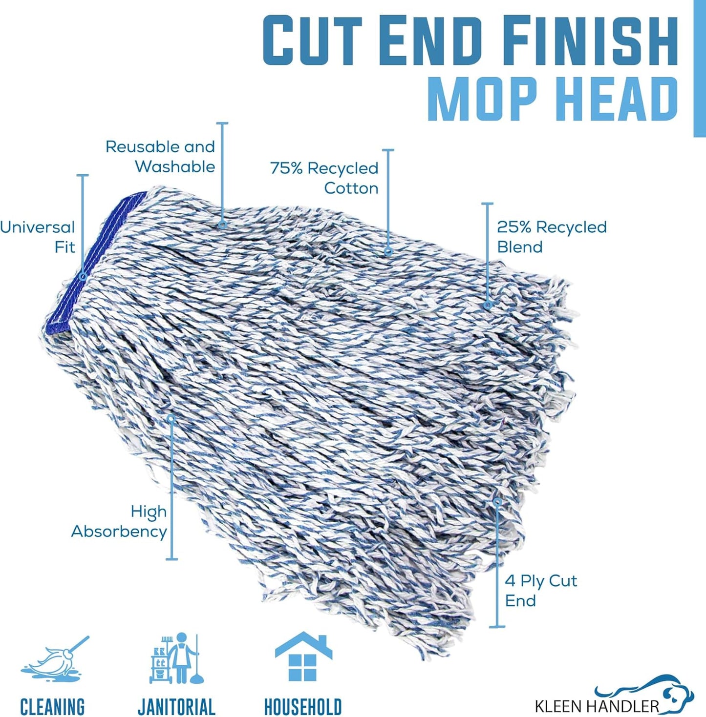 KLEEN HANDLER Cut End Finish Mop | 1.25" Universal Headband Maximum Absorption Finishing Mop, Case of 24