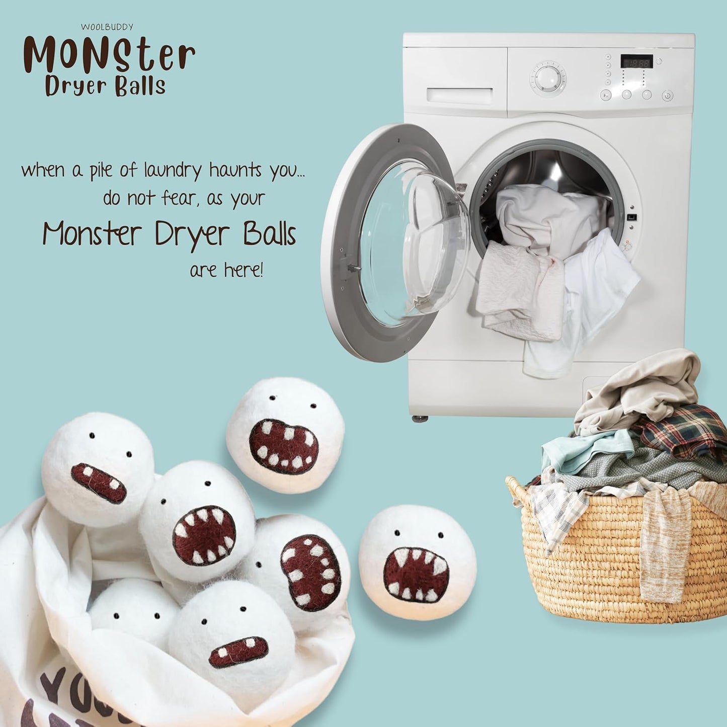 Woolbuddy Dryer Balls, 6-Pack Reusable Wool Laundry Accessories, Monster Design for Pet Hair Removal, Home Essentials, Cute and Efficient Drying Solution